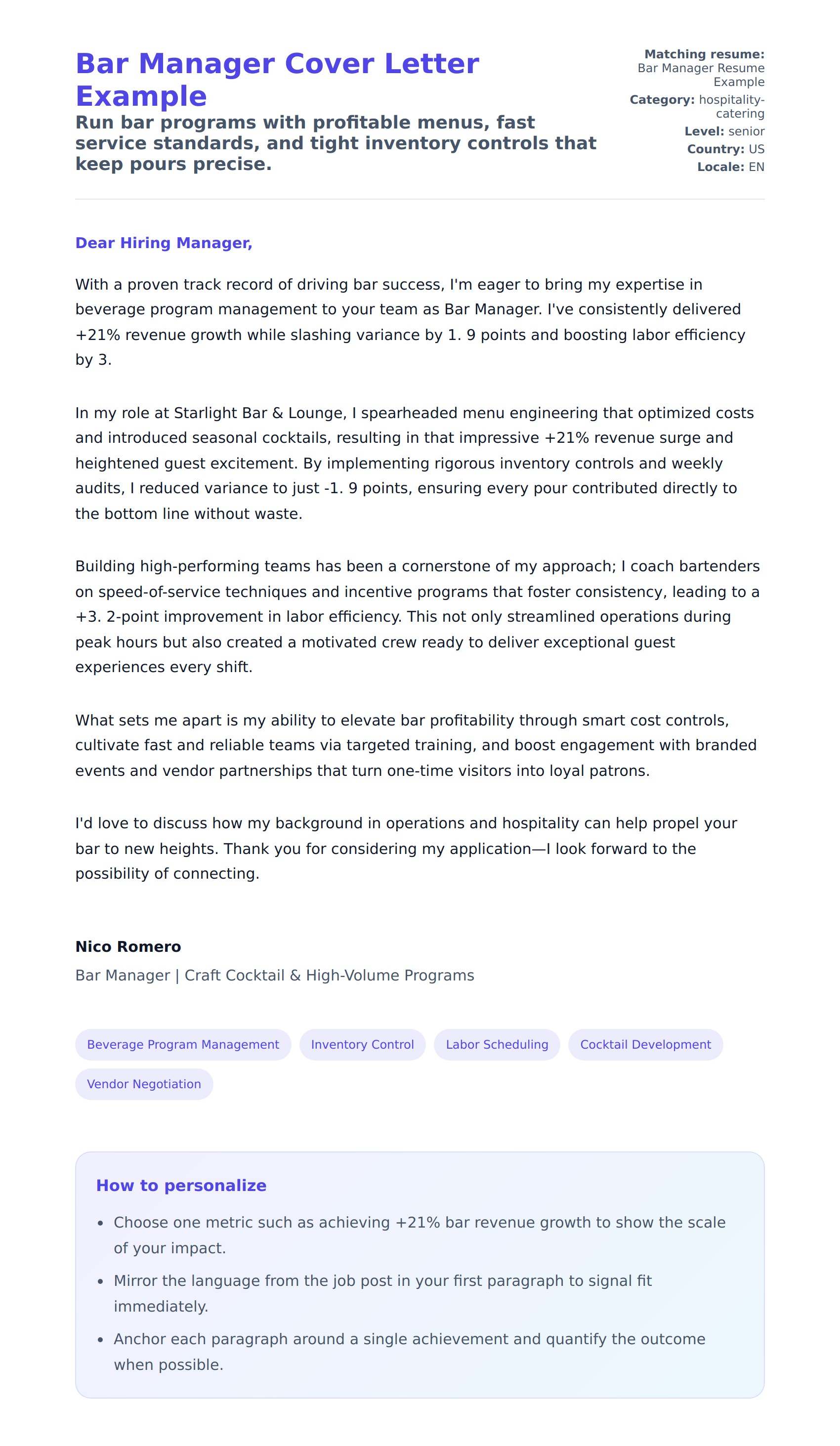 Cover Letter preview for Bar Manager Cover Letter Example