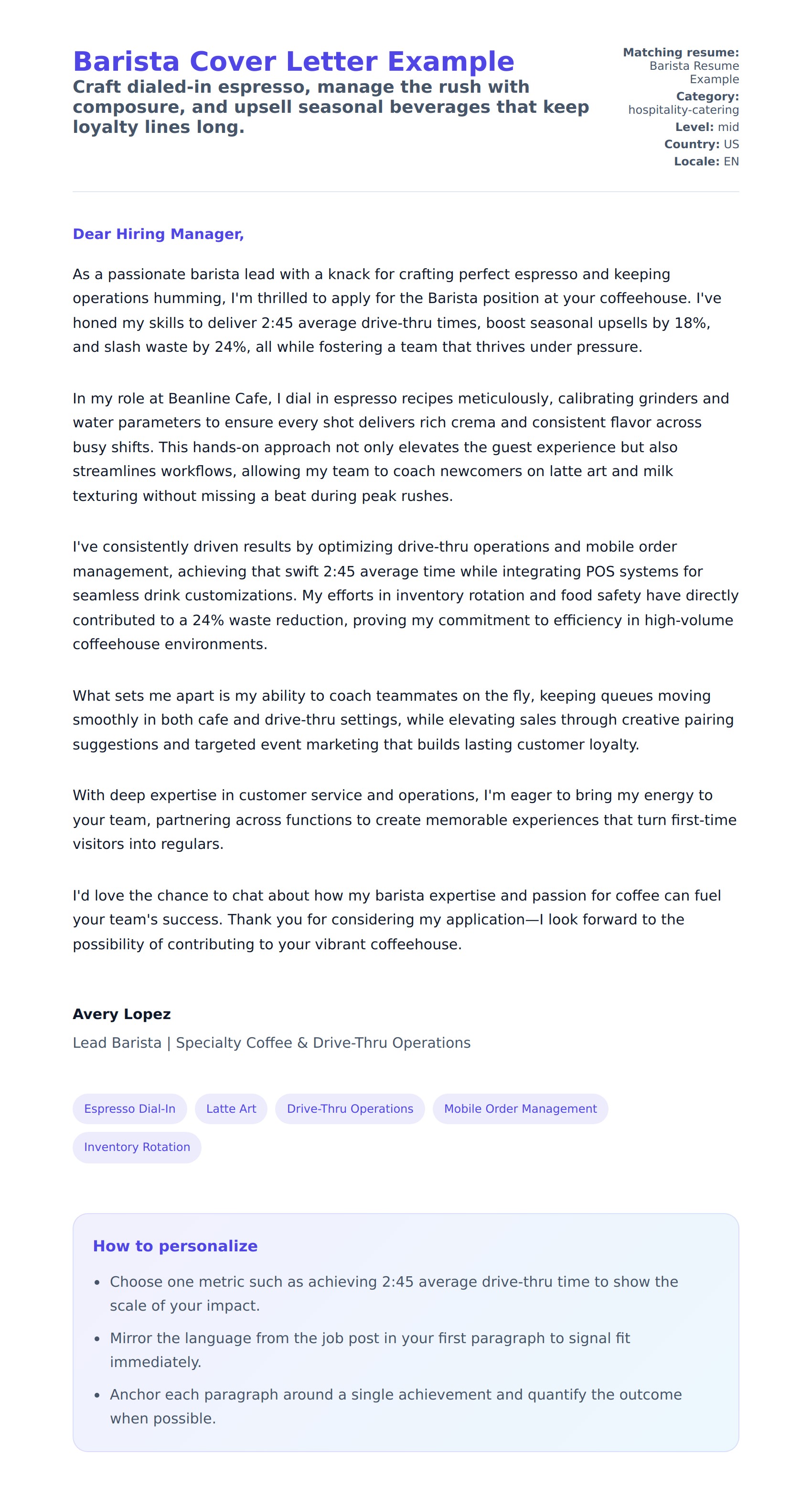 Cover Letter preview for Barista Cover Letter Example
