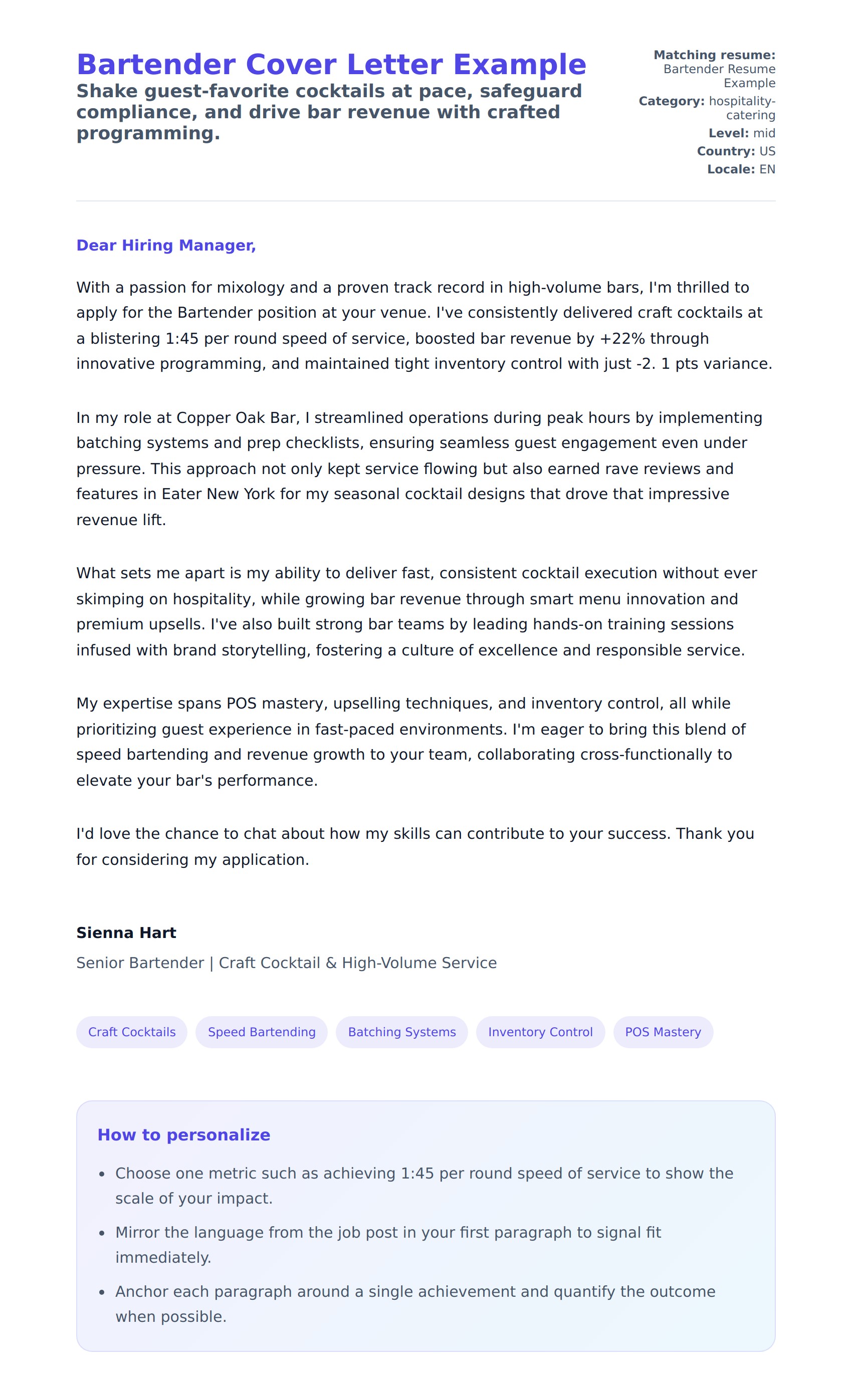 Cover Letter preview for Bartender Cover Letter Example