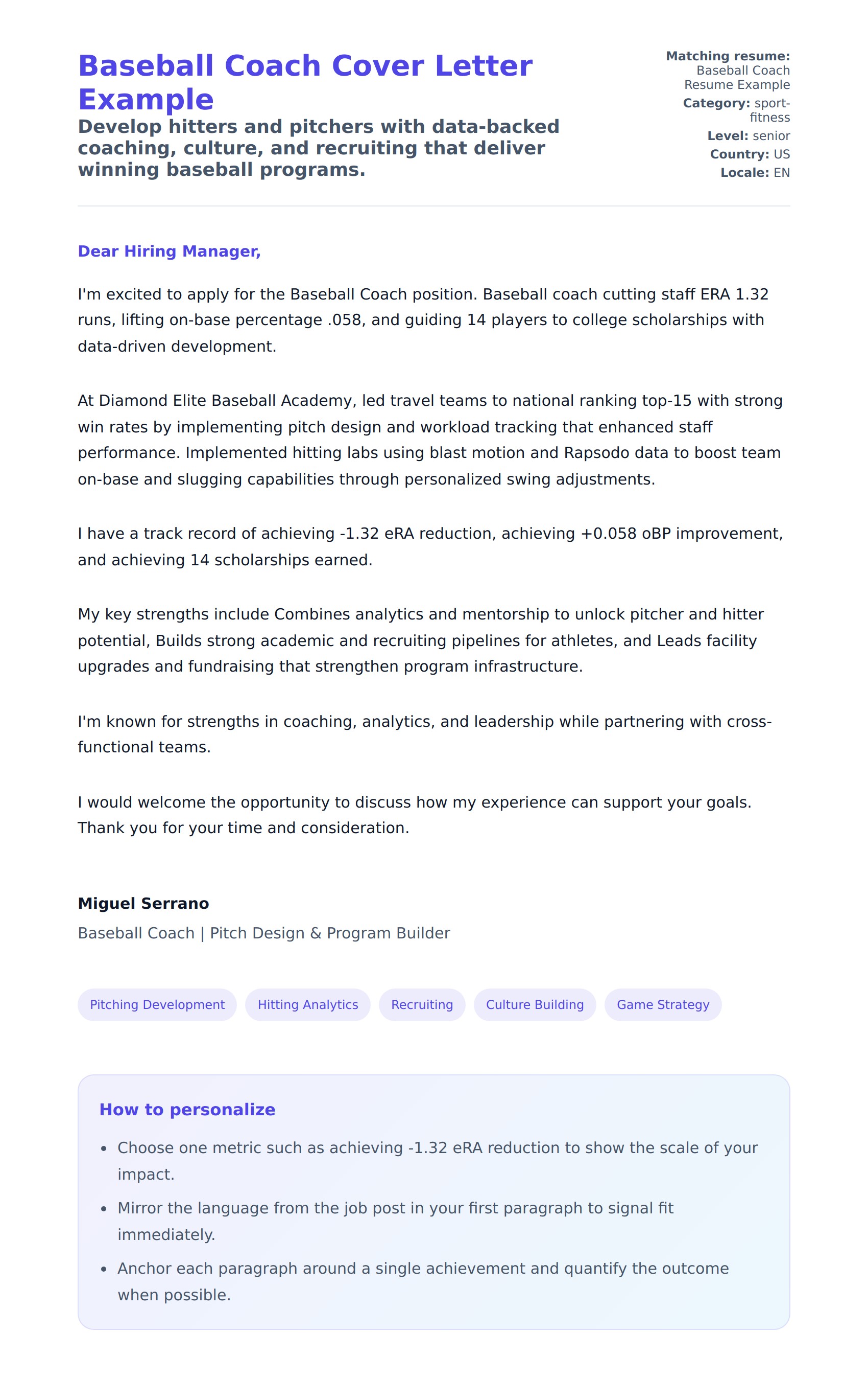 Cover Letter preview for Baseball Coach Cover Letter Example