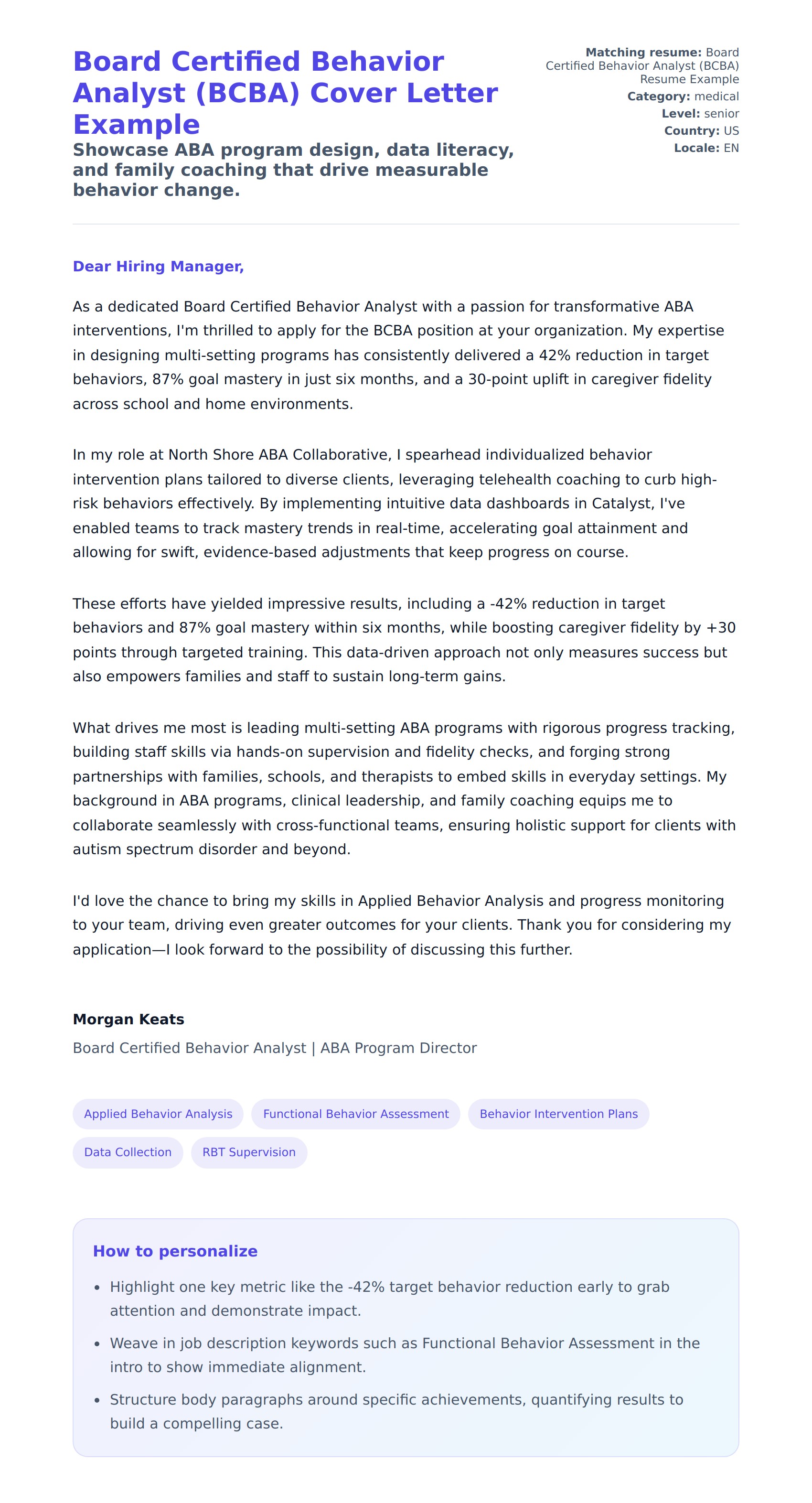 Cover Letter preview for Board Certified Behavior Analyst (BCBA) Cover Letter Example