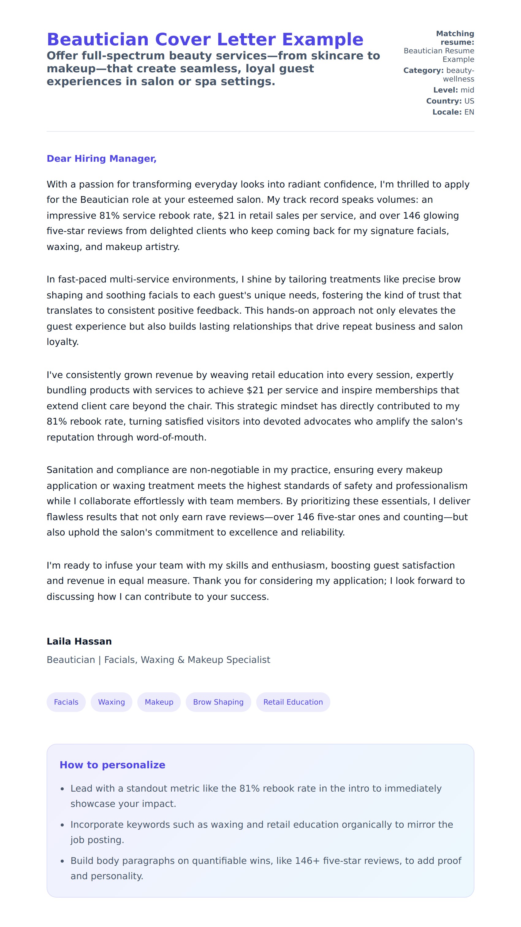 Cover Letter preview for Beautician Cover Letter Example