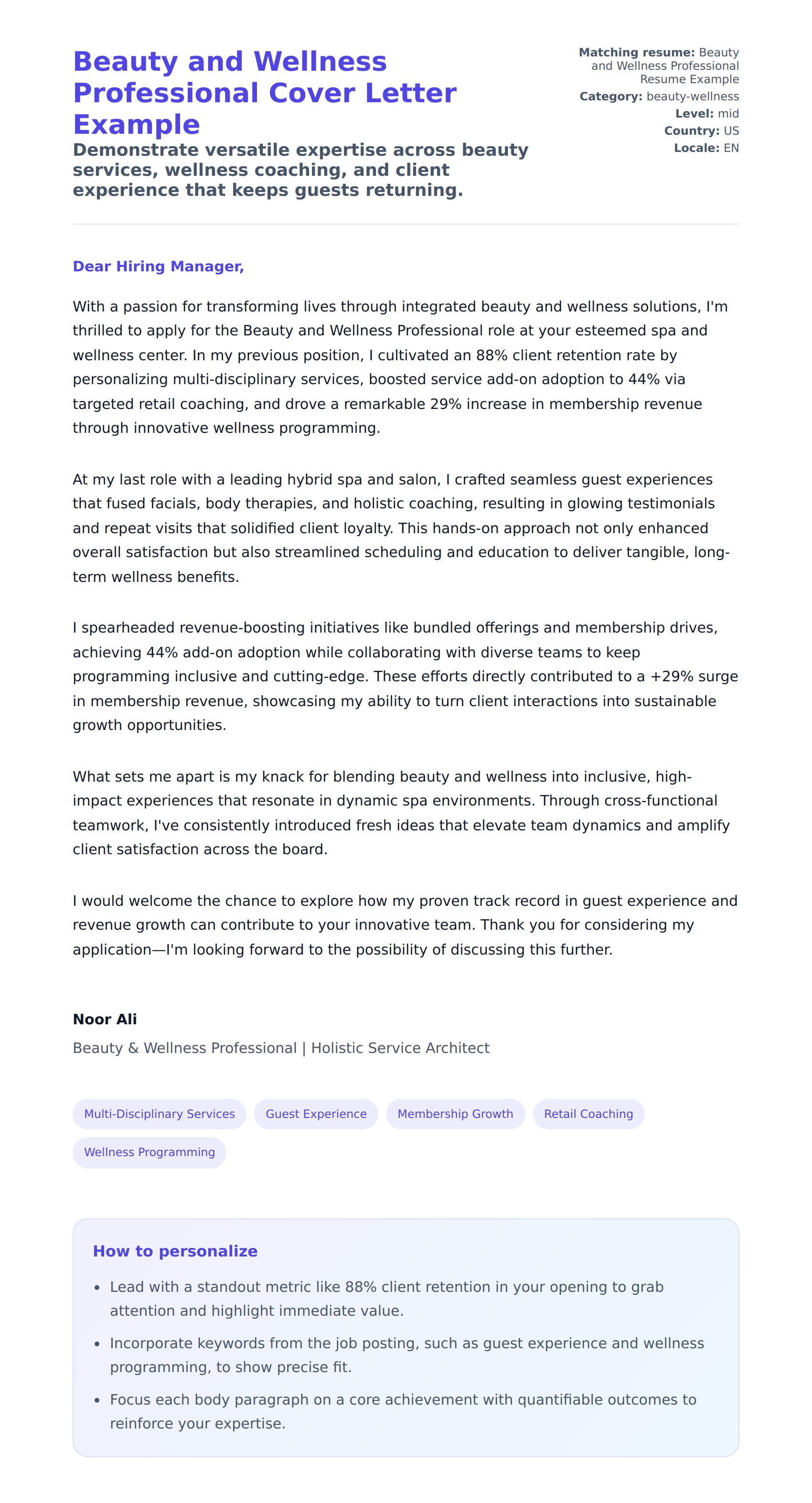 Cover Letter preview for Beauty and Wellness Professional Cover Letter Example