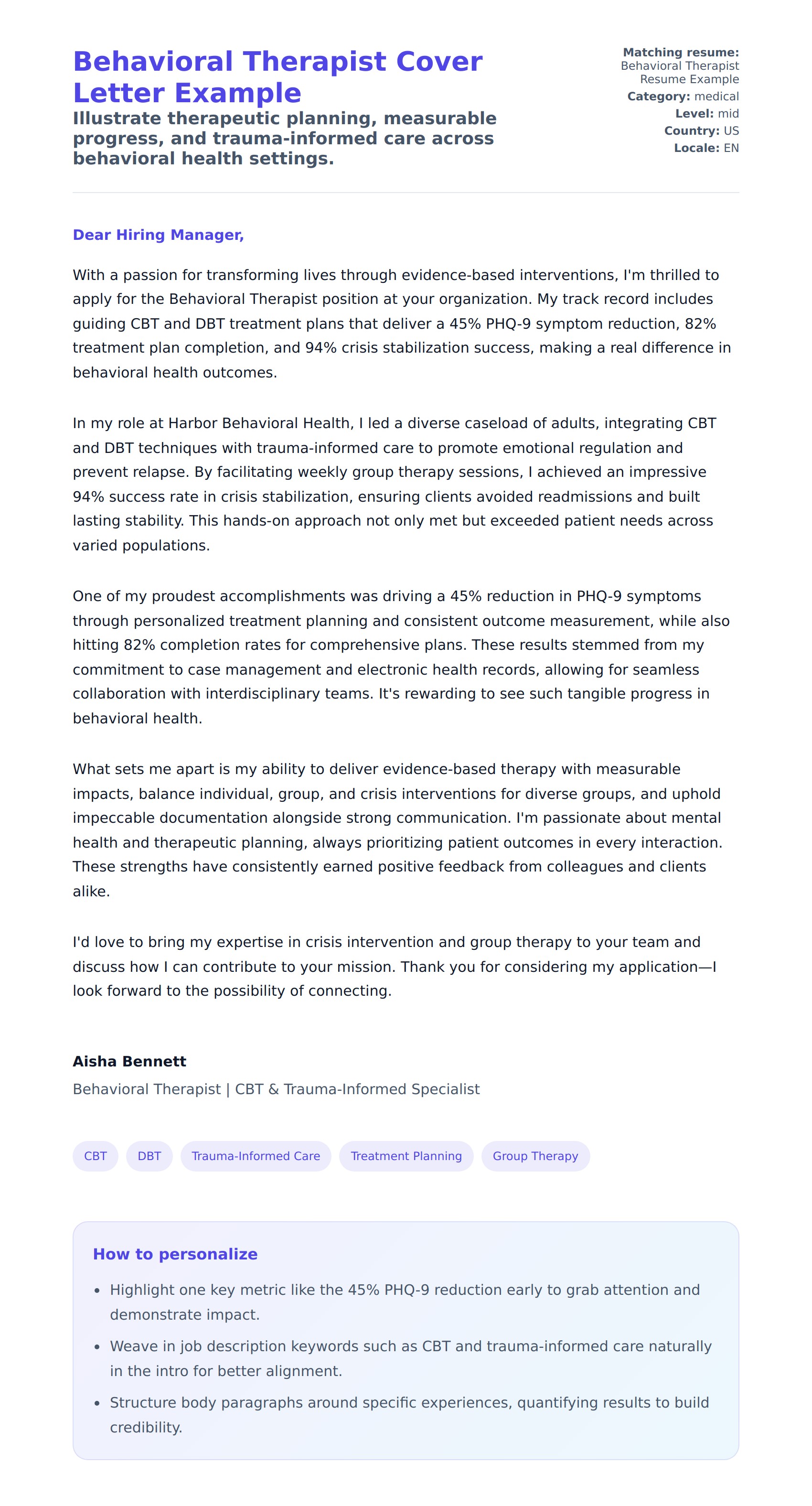 Cover Letter preview for Behavioral Therapist Cover Letter Example
