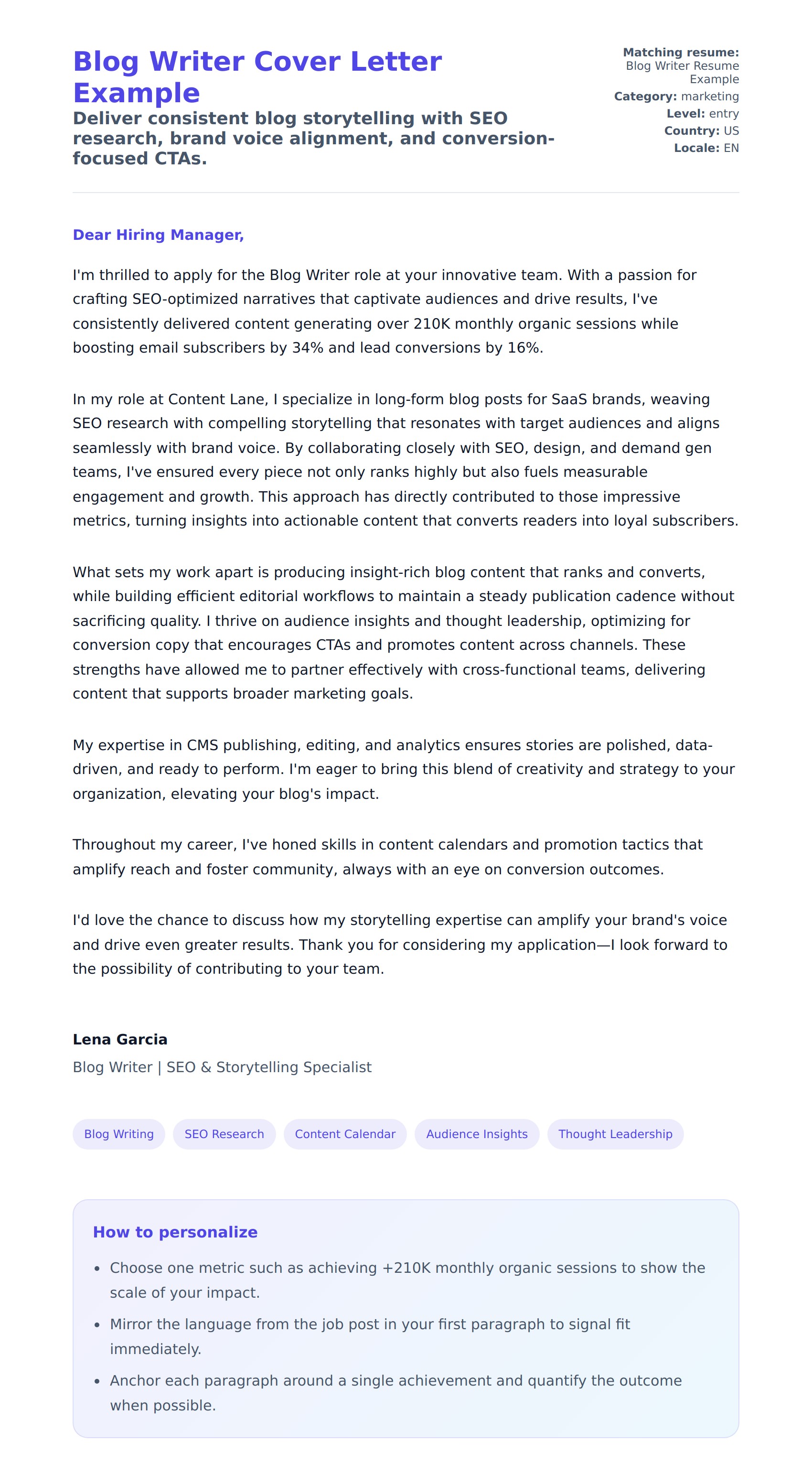 Cover Letter preview for Blog Writer Cover Letter Example