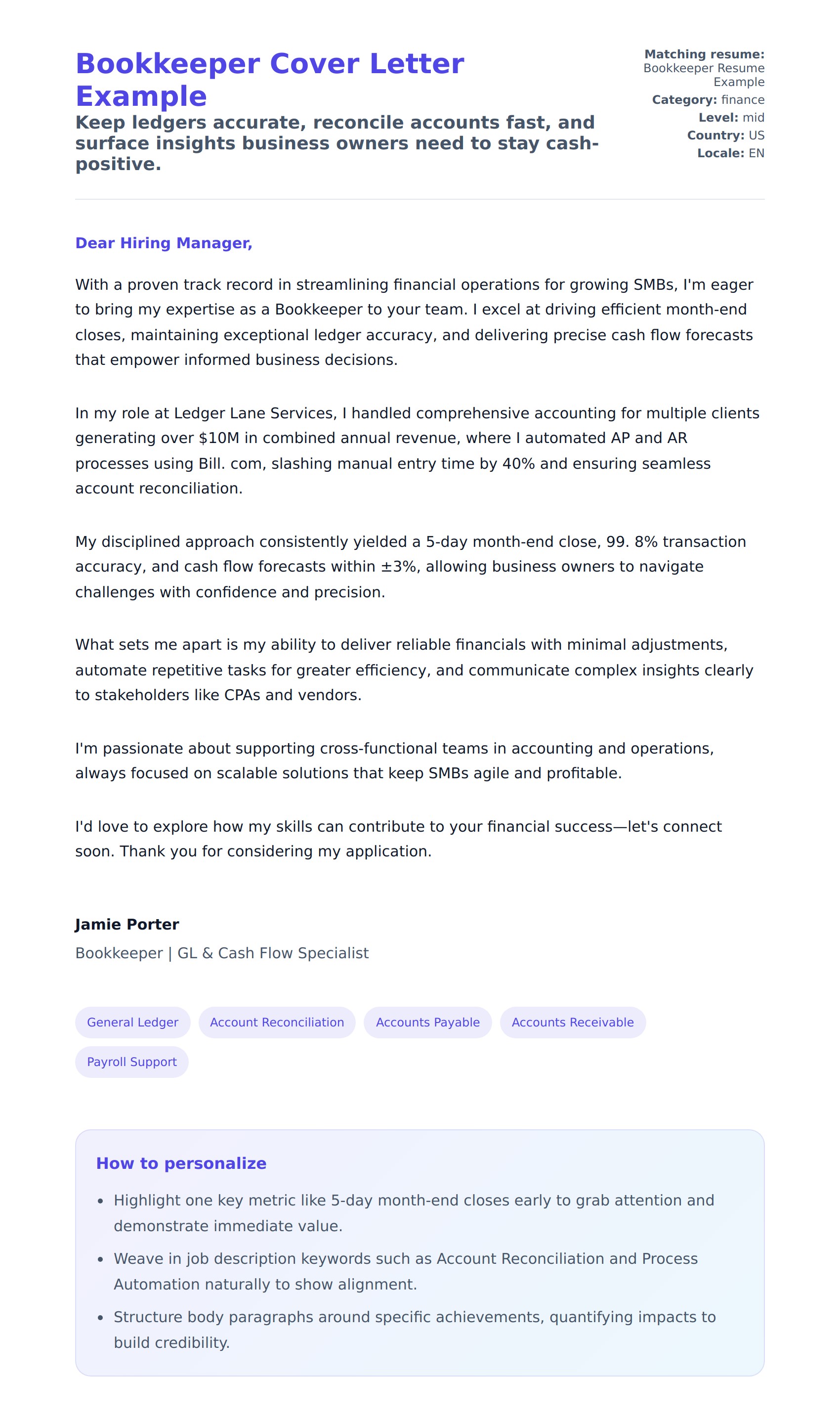 Cover Letter preview for Bookkeeper Cover Letter Example