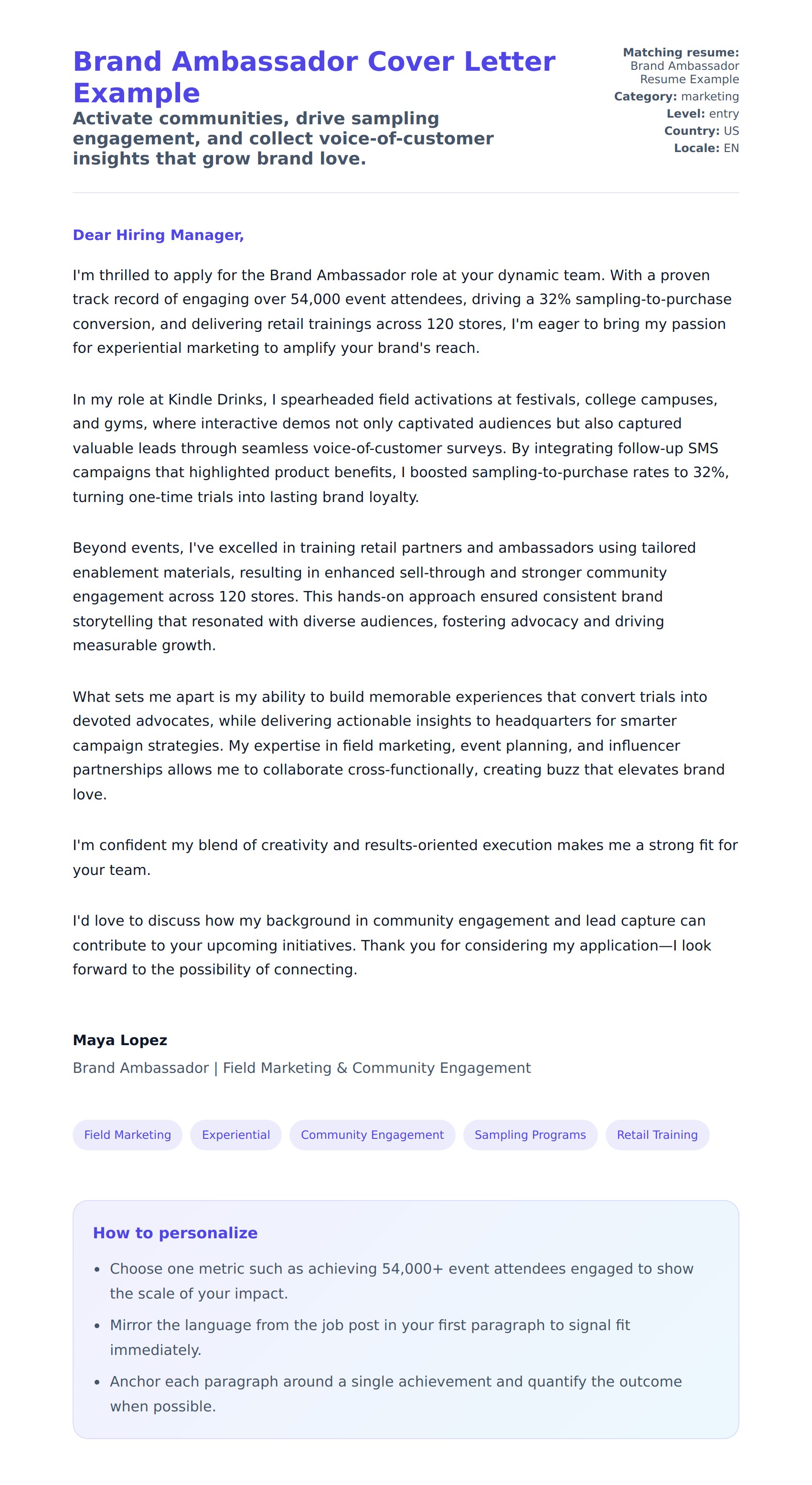 Cover Letter preview for Brand Ambassador Cover Letter Example
