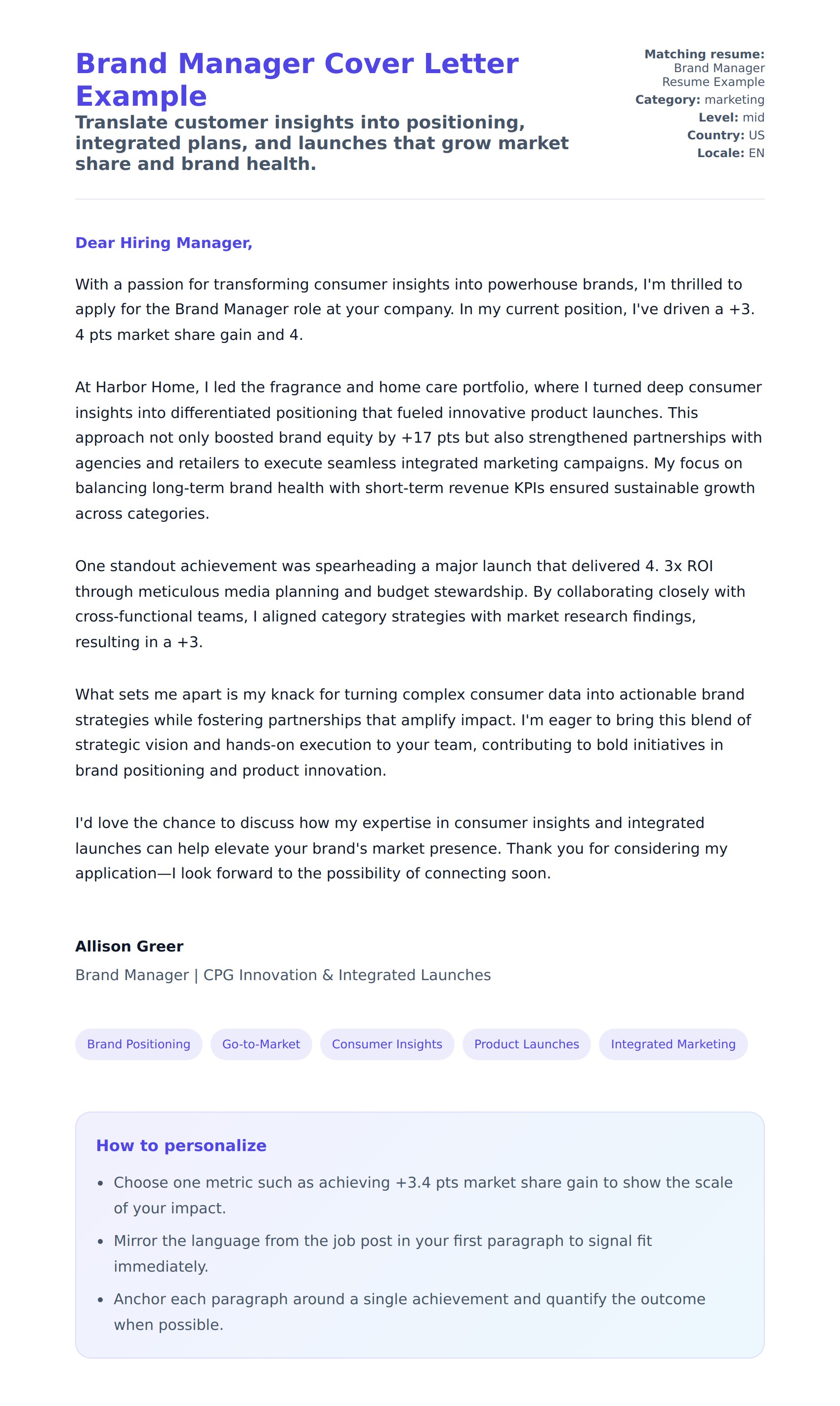 Cover Letter preview for Brand Manager Cover Letter Example