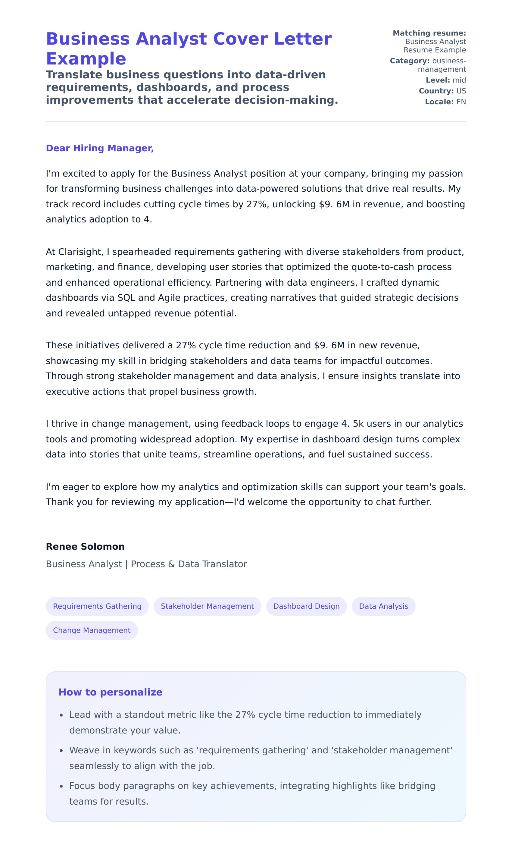 Cover Letter preview for Business Analyst Cover Letter Example