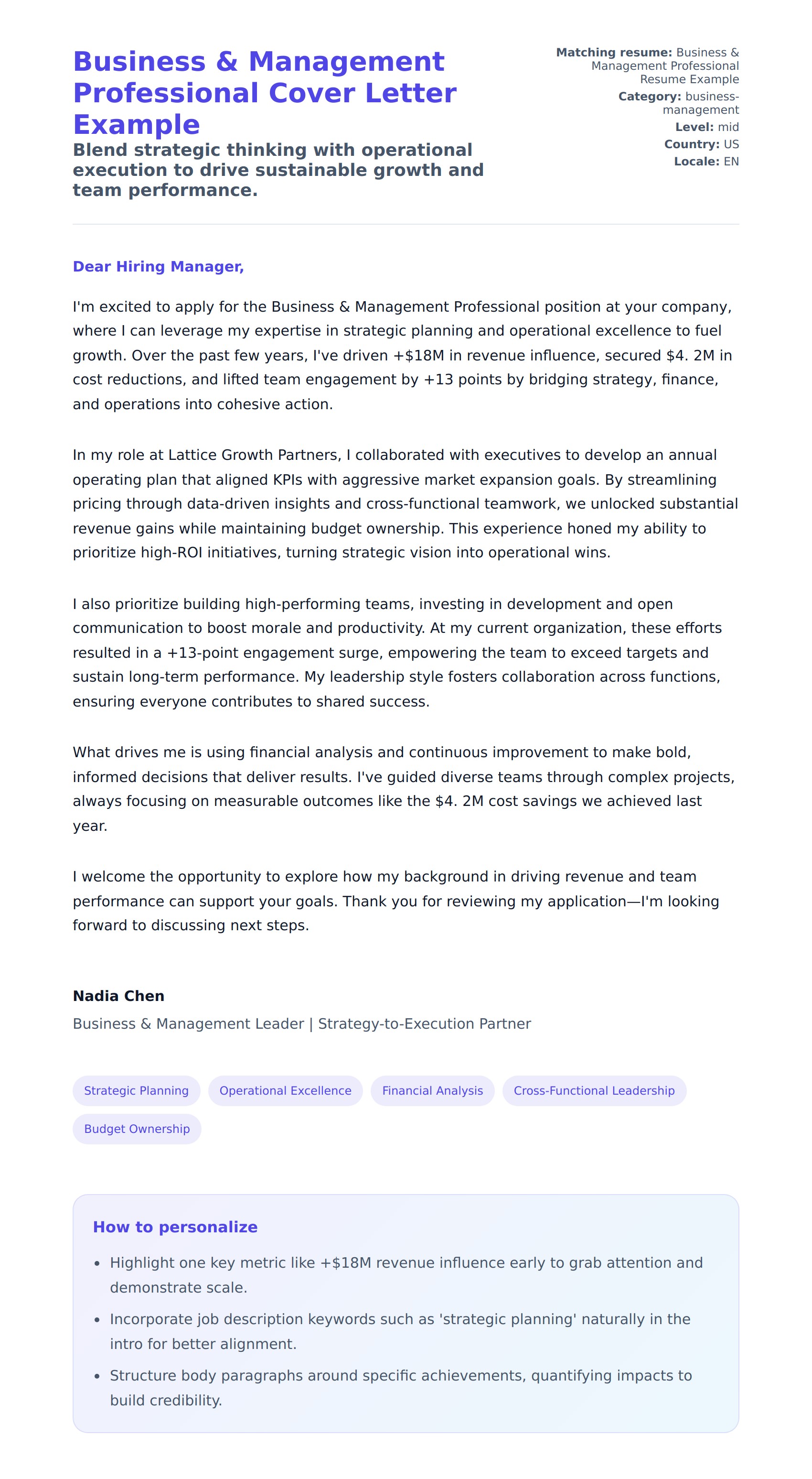 Cover Letter preview for Business & Management Professional Cover Letter Example
