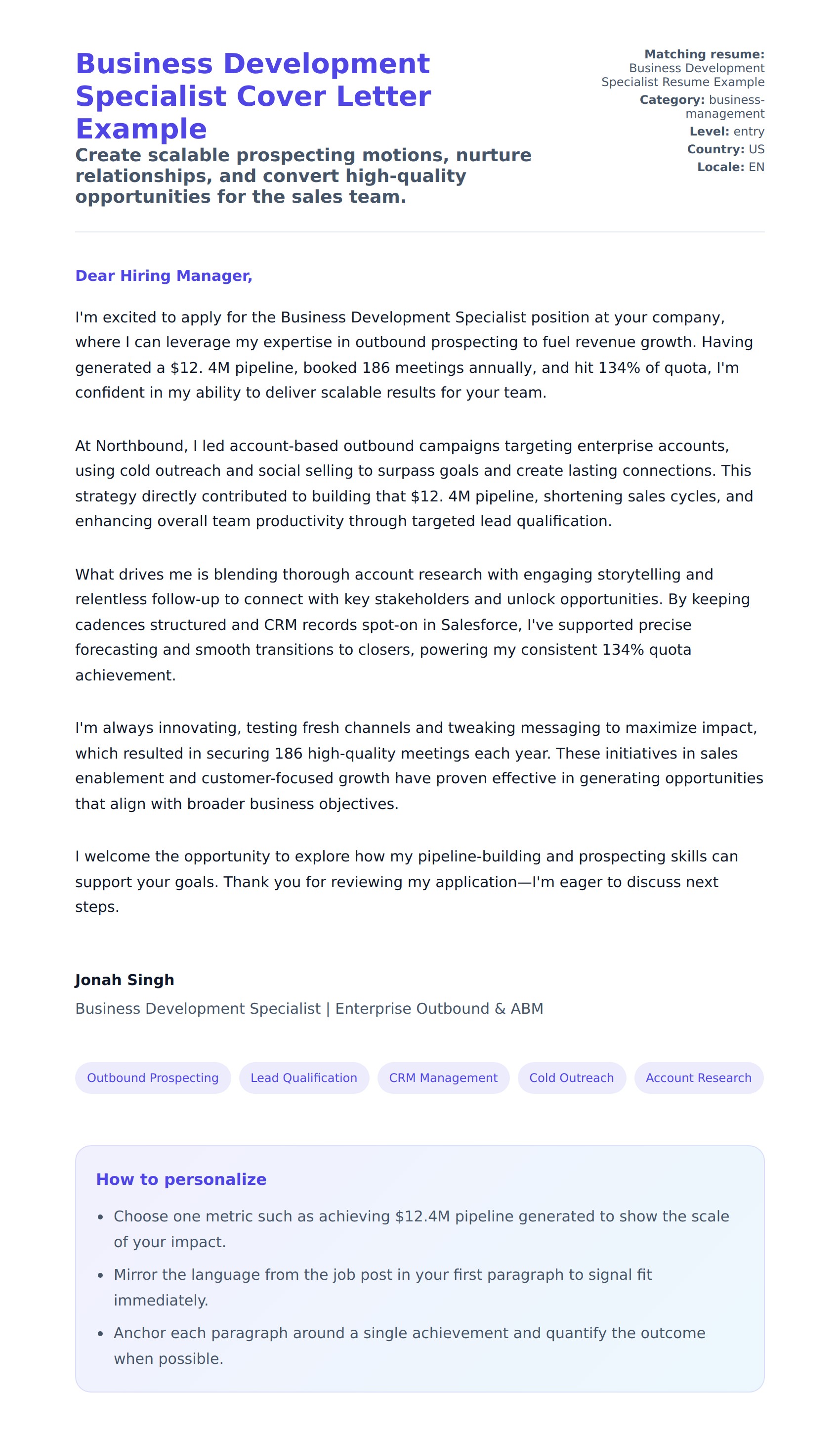 Cover Letter preview for Business Development Specialist Cover Letter Example