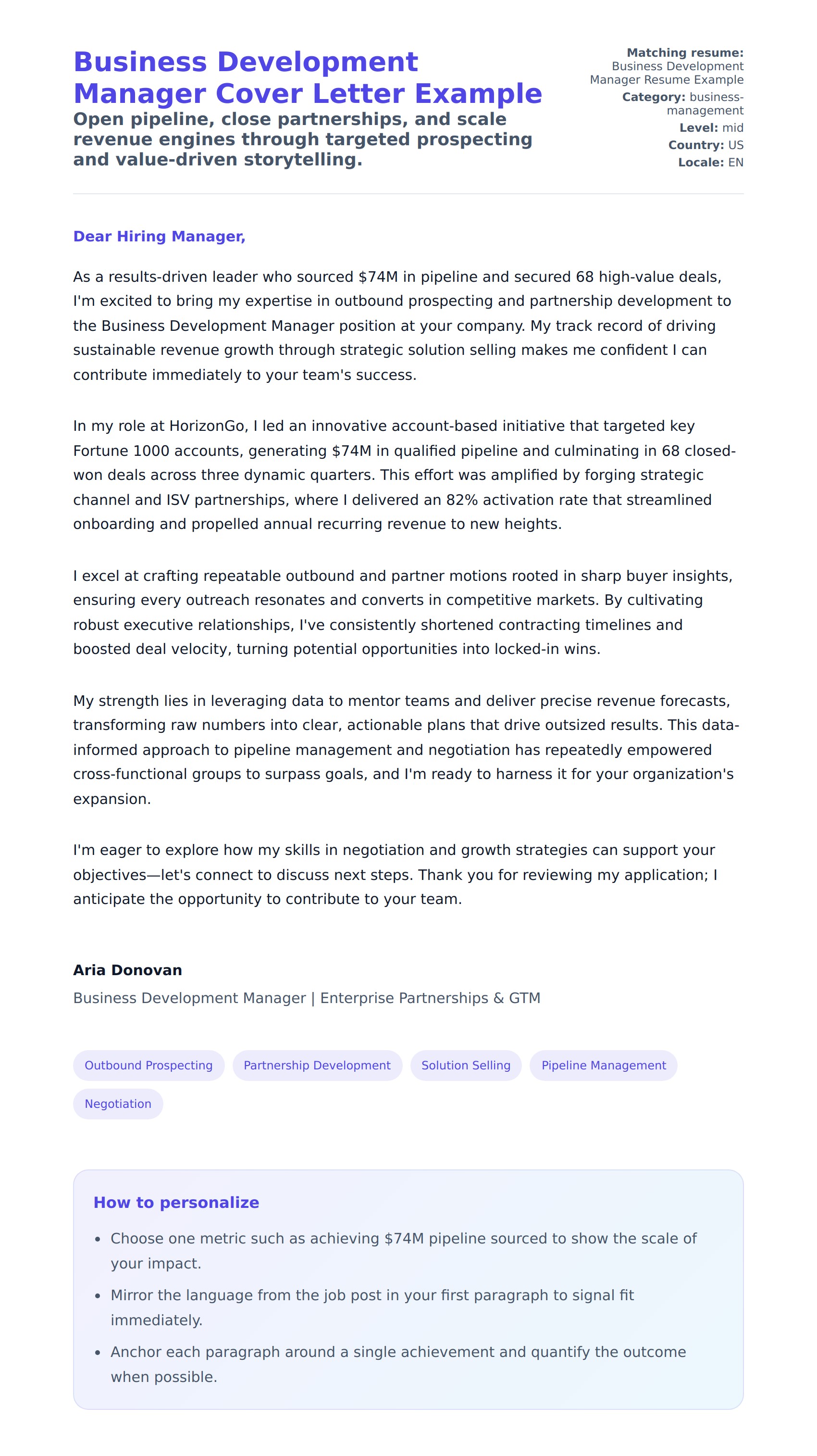 Cover Letter preview for Business Development Manager Cover Letter Example