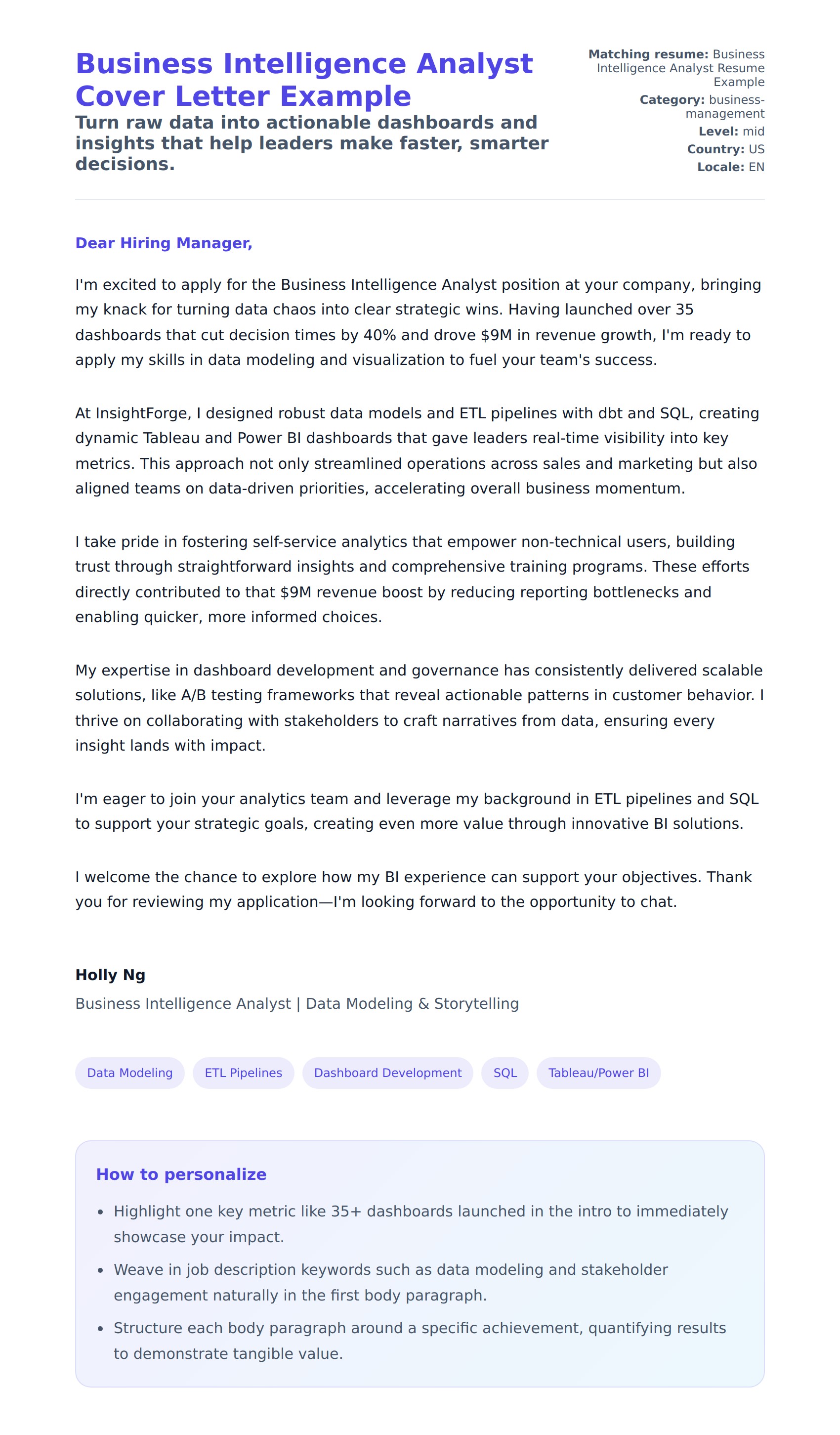 Cover Letter preview for Business Intelligence Analyst Cover Letter Example