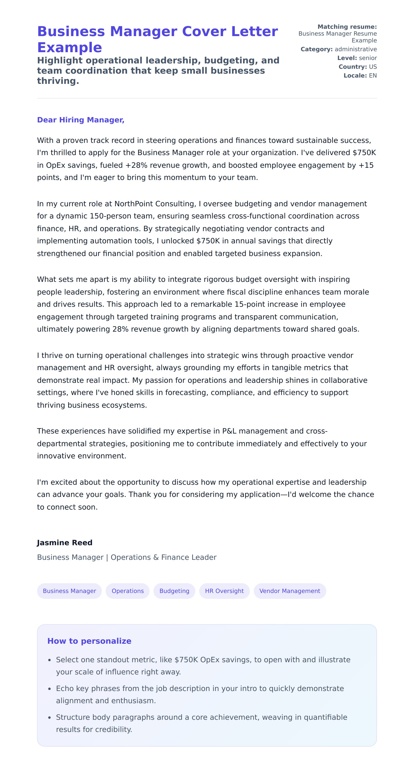 Cover Letter preview for Business Manager Cover Letter Example