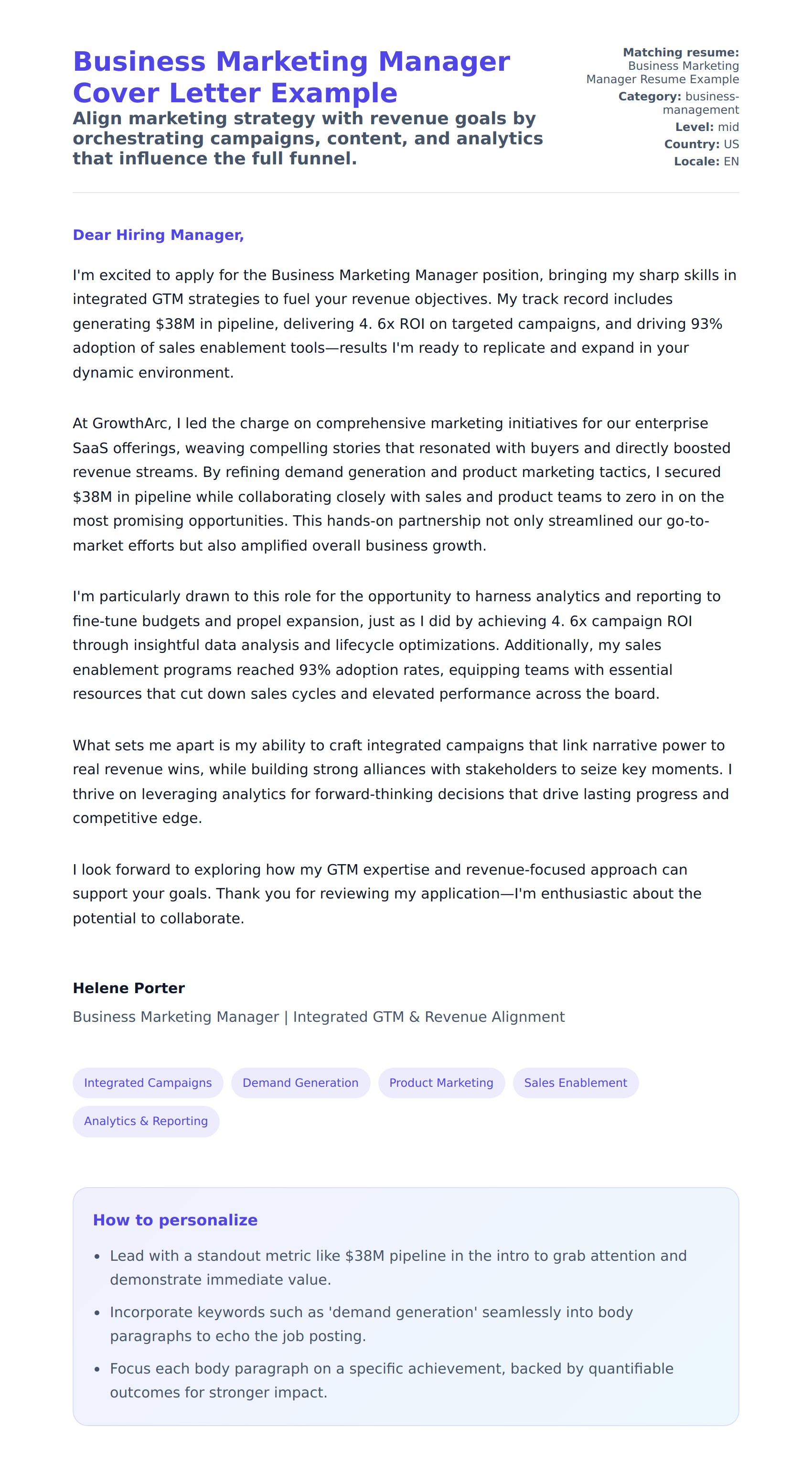 Cover Letter preview for Business Marketing Manager Cover Letter Example