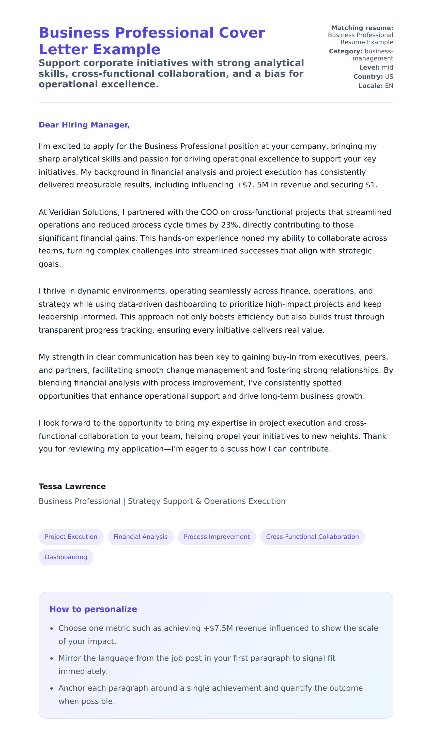 Cover Letter preview for Business Professional Cover Letter Example