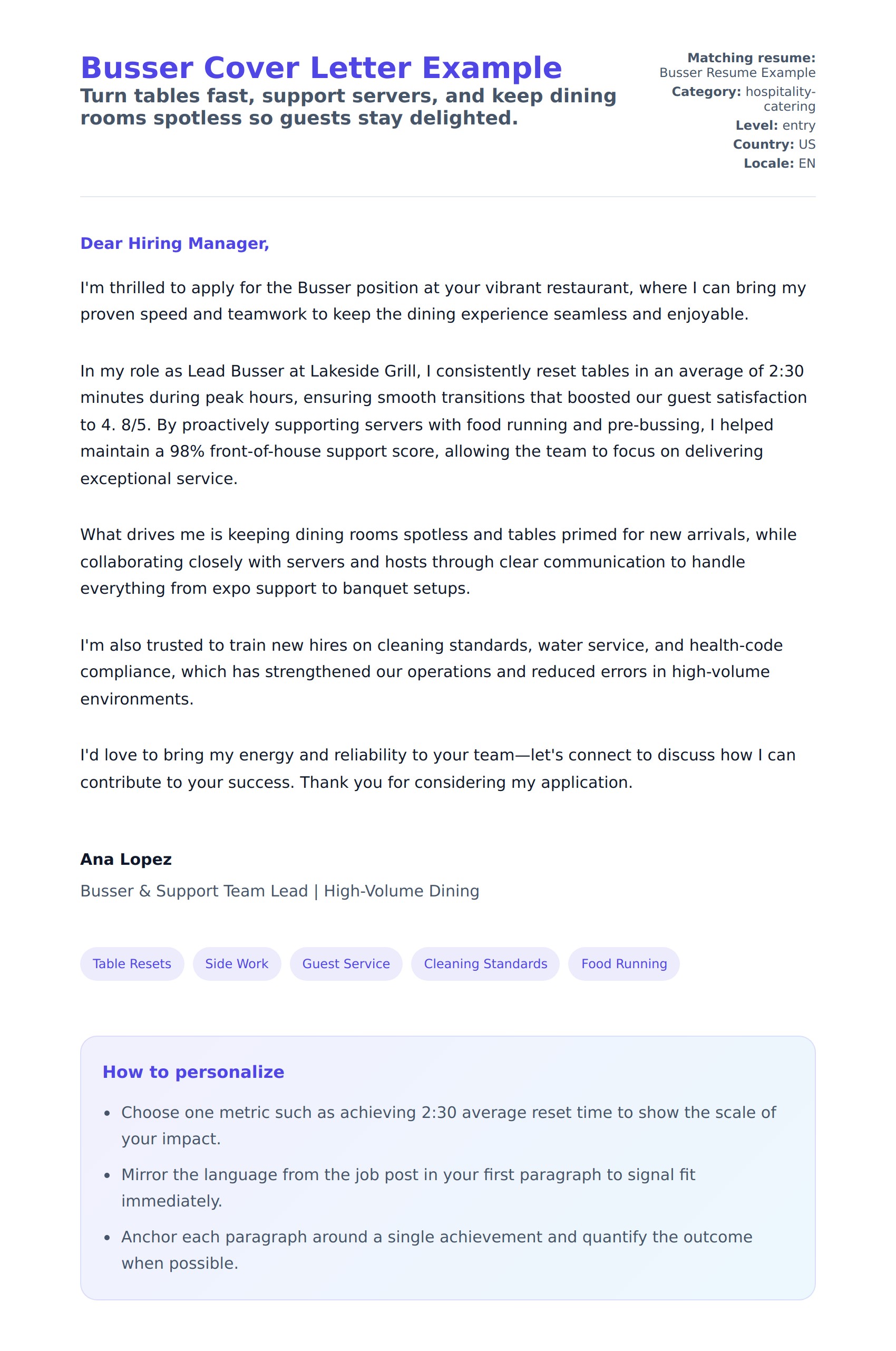 Cover Letter preview for Busser Cover Letter Example