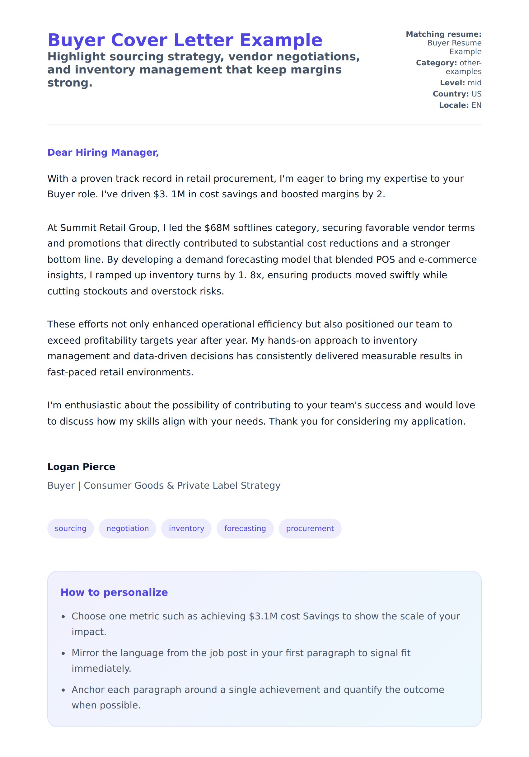 Cover Letter preview for Buyer Cover Letter Example