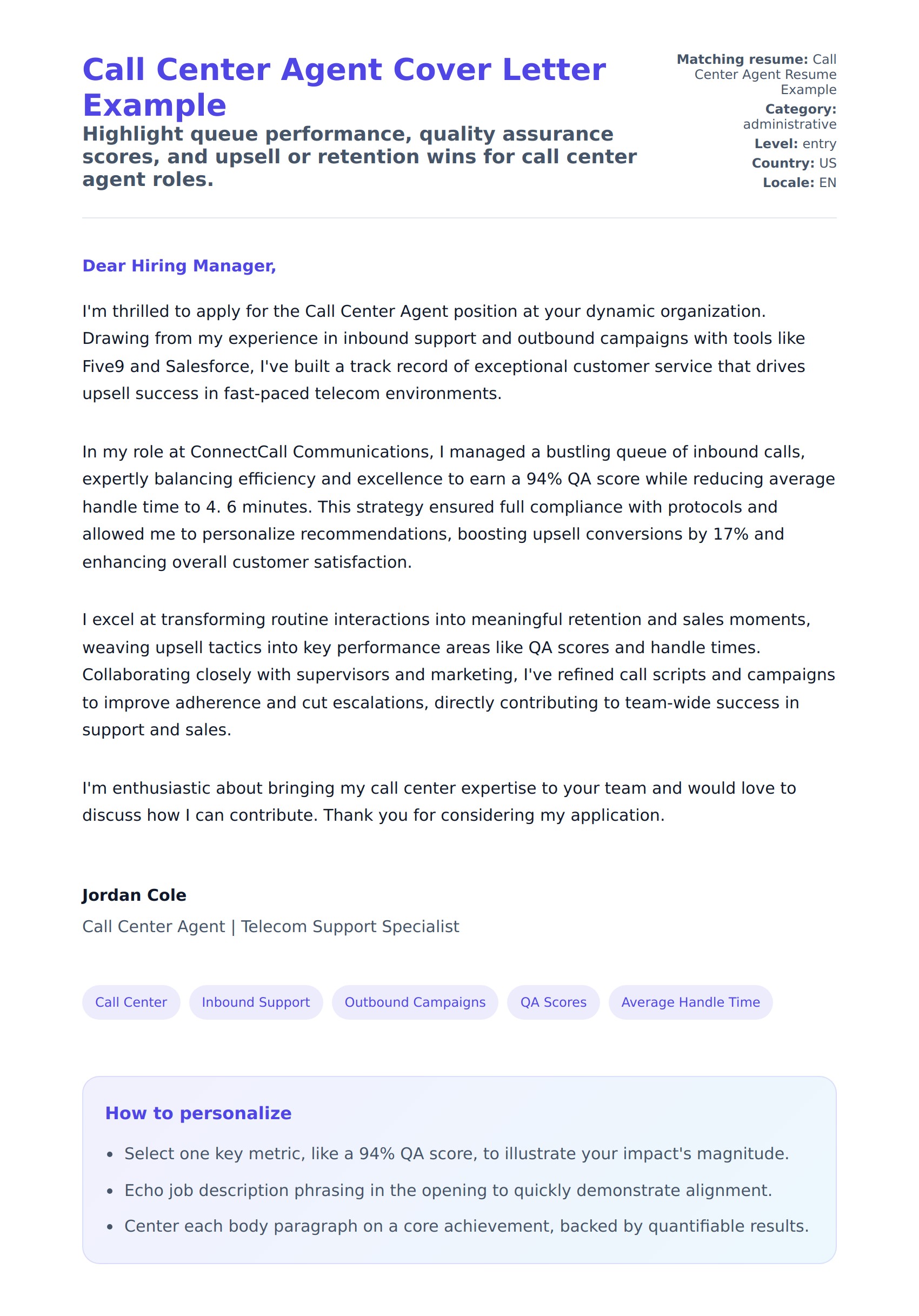 Cover Letter preview for Call Center Agent Cover Letter Example