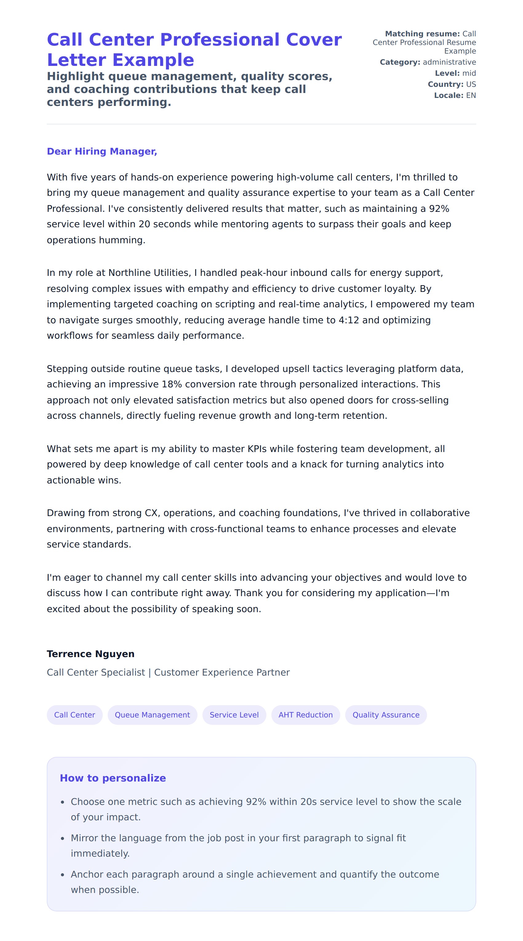 Cover Letter preview for Call Center Professional Cover Letter Example