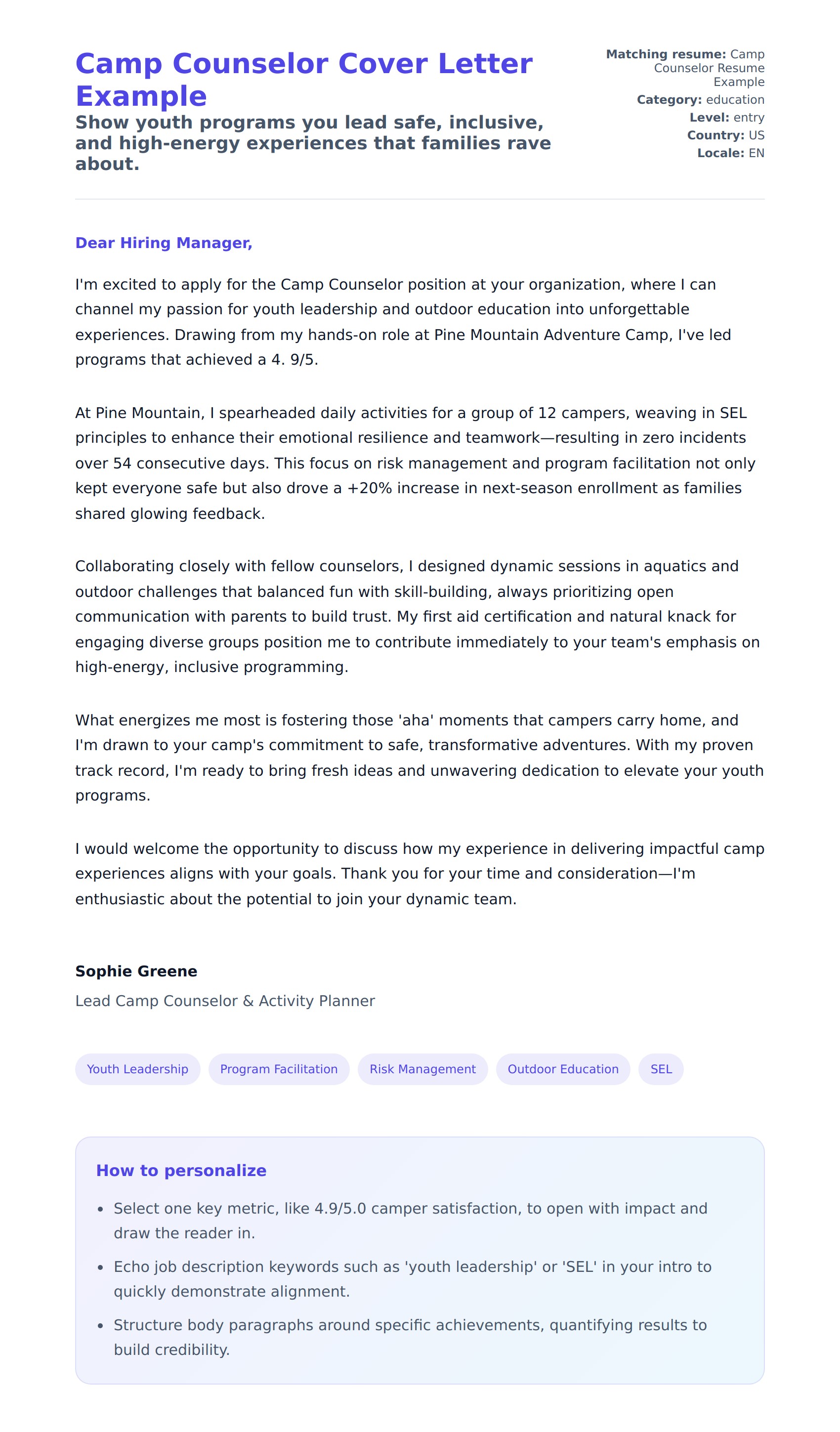 Cover Letter preview for Camp Counselor Cover Letter Example