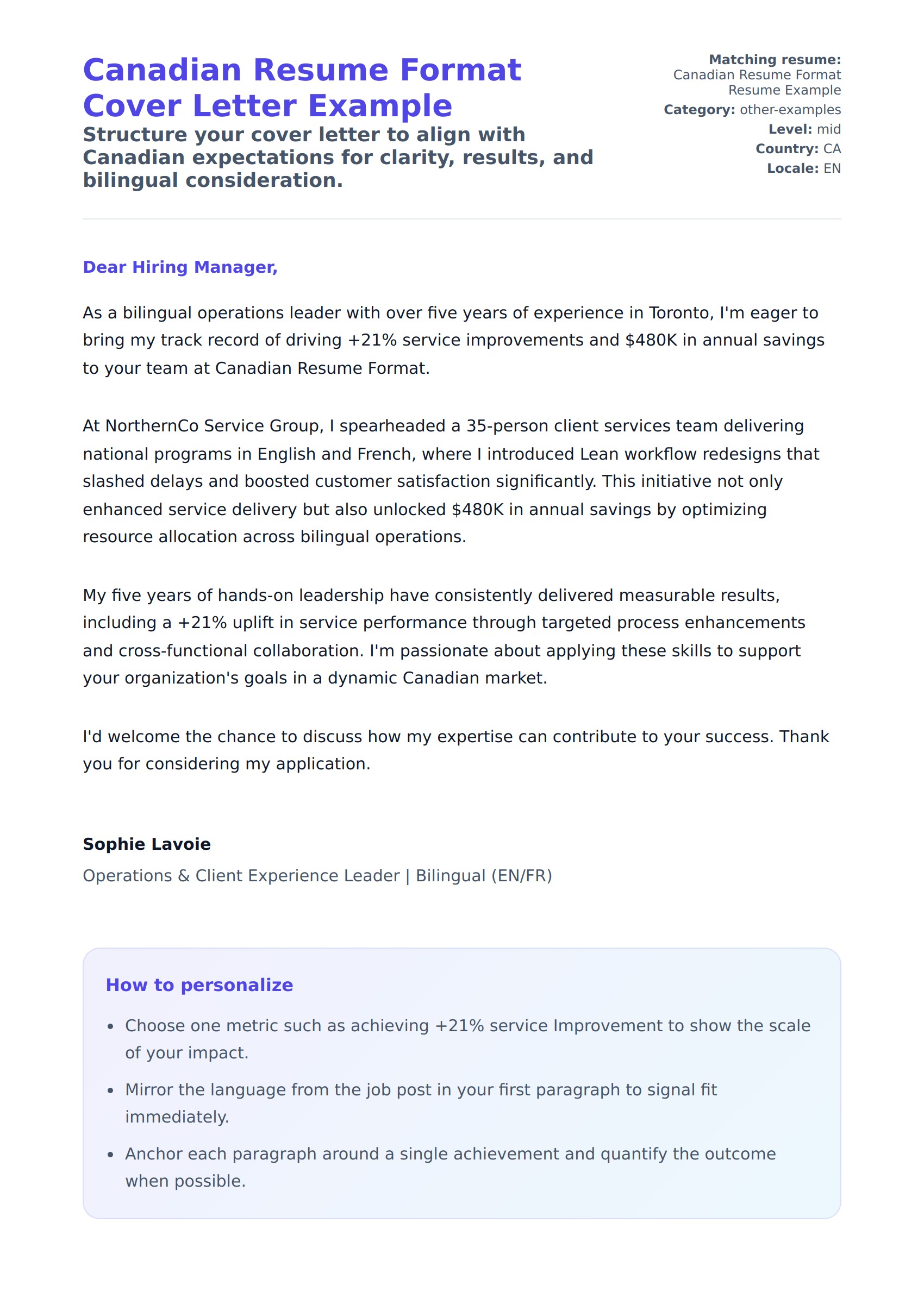 Cover Letter preview for Canadian Resume Format Cover Letter Example