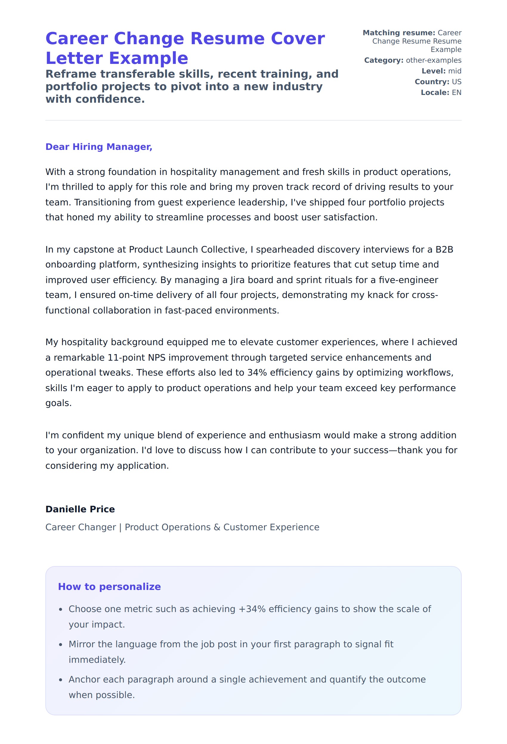 Cover Letter preview for Career Change Resume Cover Letter Example