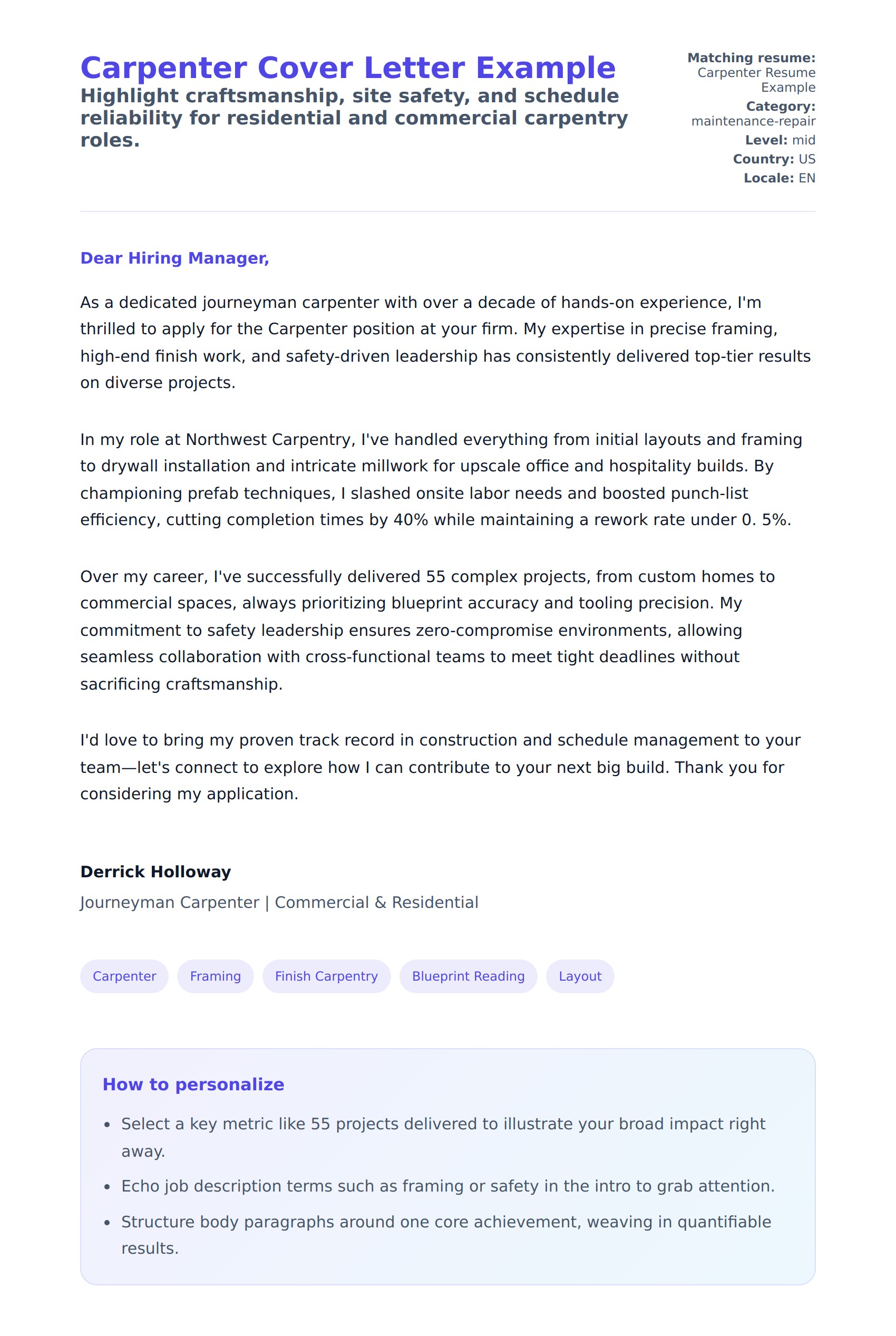 Cover Letter preview for Carpenter Cover Letter Example