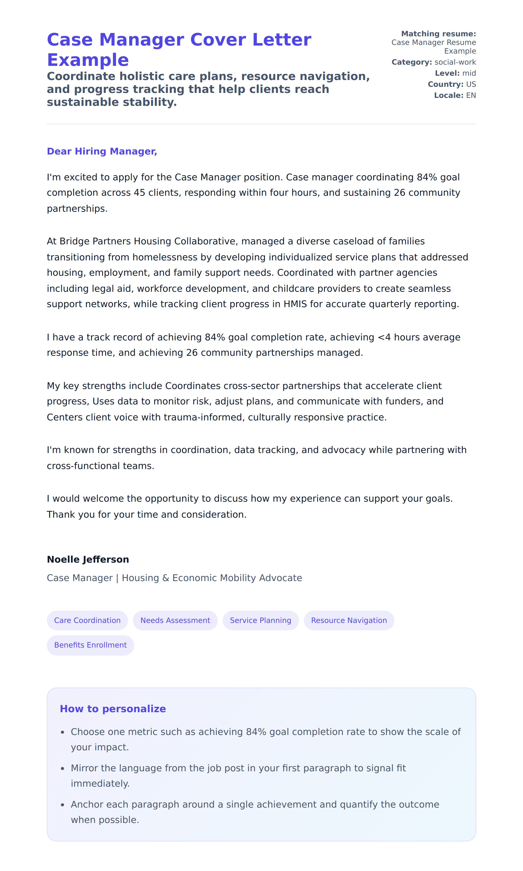 Cover Letter preview for Case Manager Cover Letter Example
