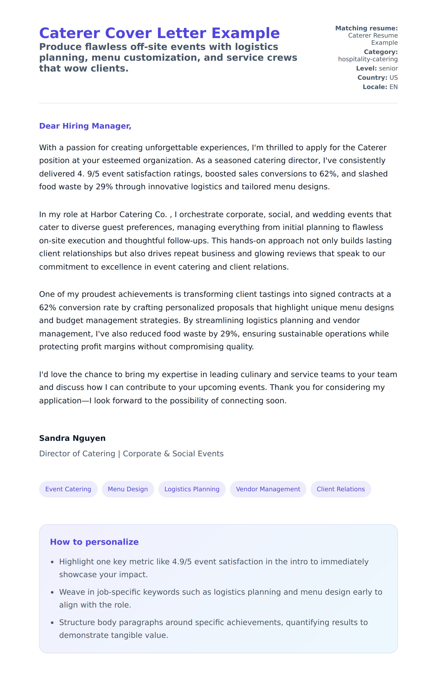 Cover Letter preview for Caterer Cover Letter Example