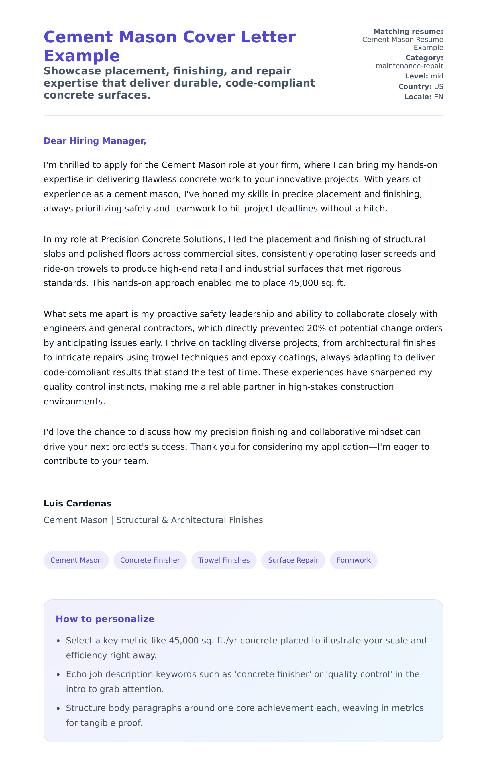 Cover Letter preview for Cement Mason Cover Letter Example
