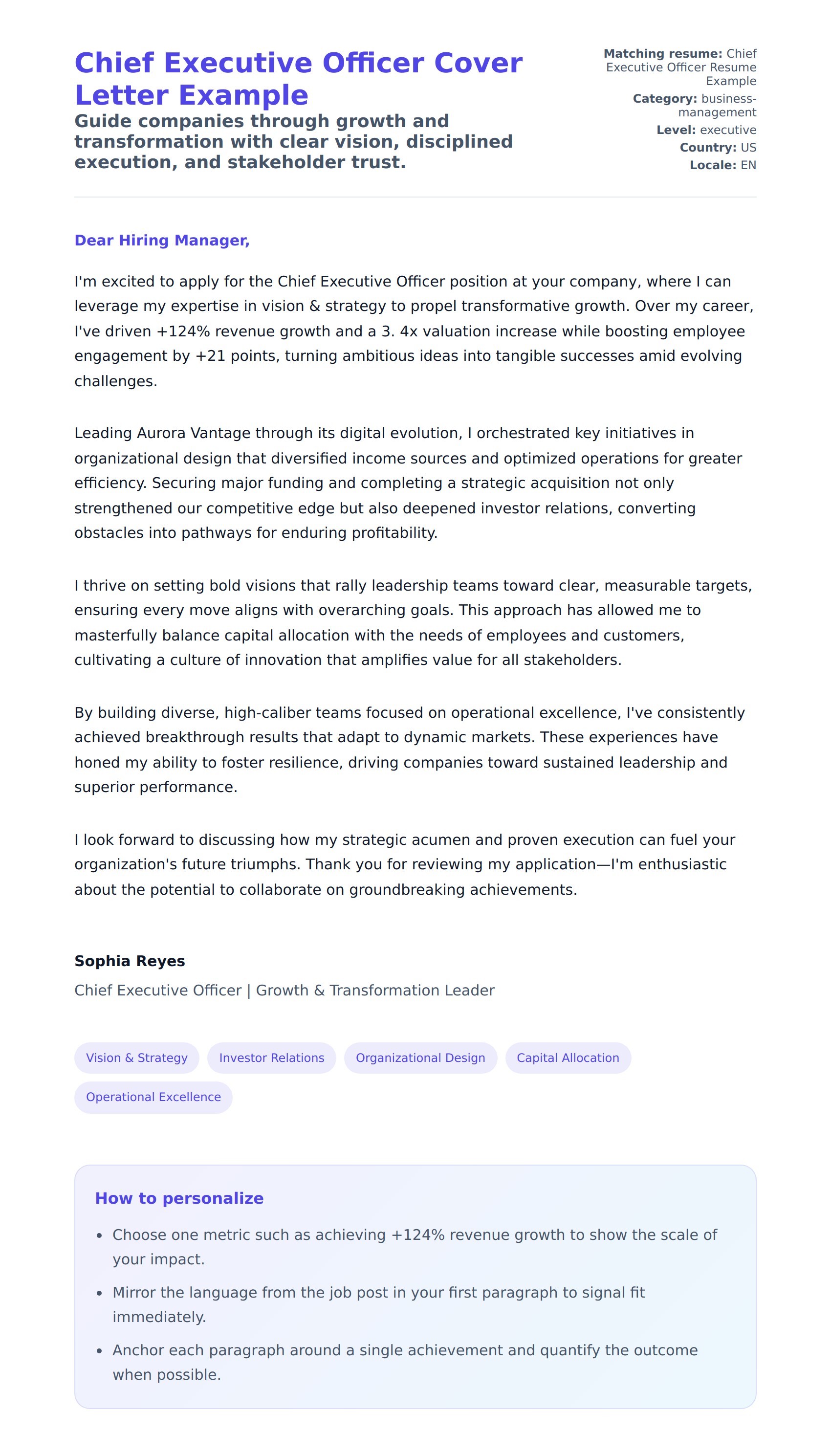 Cover Letter preview for Chief Executive Officer Cover Letter Example