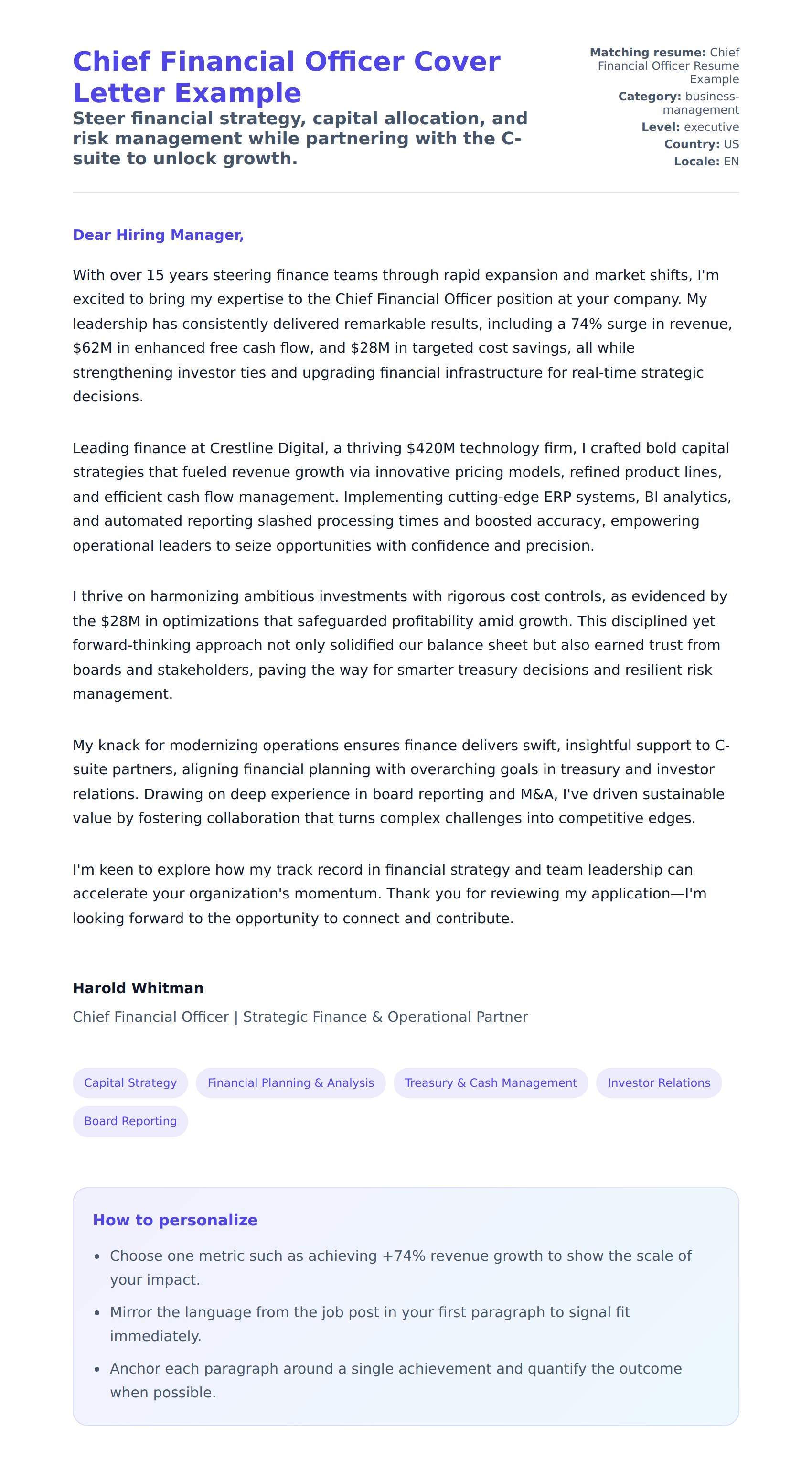Cover Letter preview for Chief Financial Officer Cover Letter Example