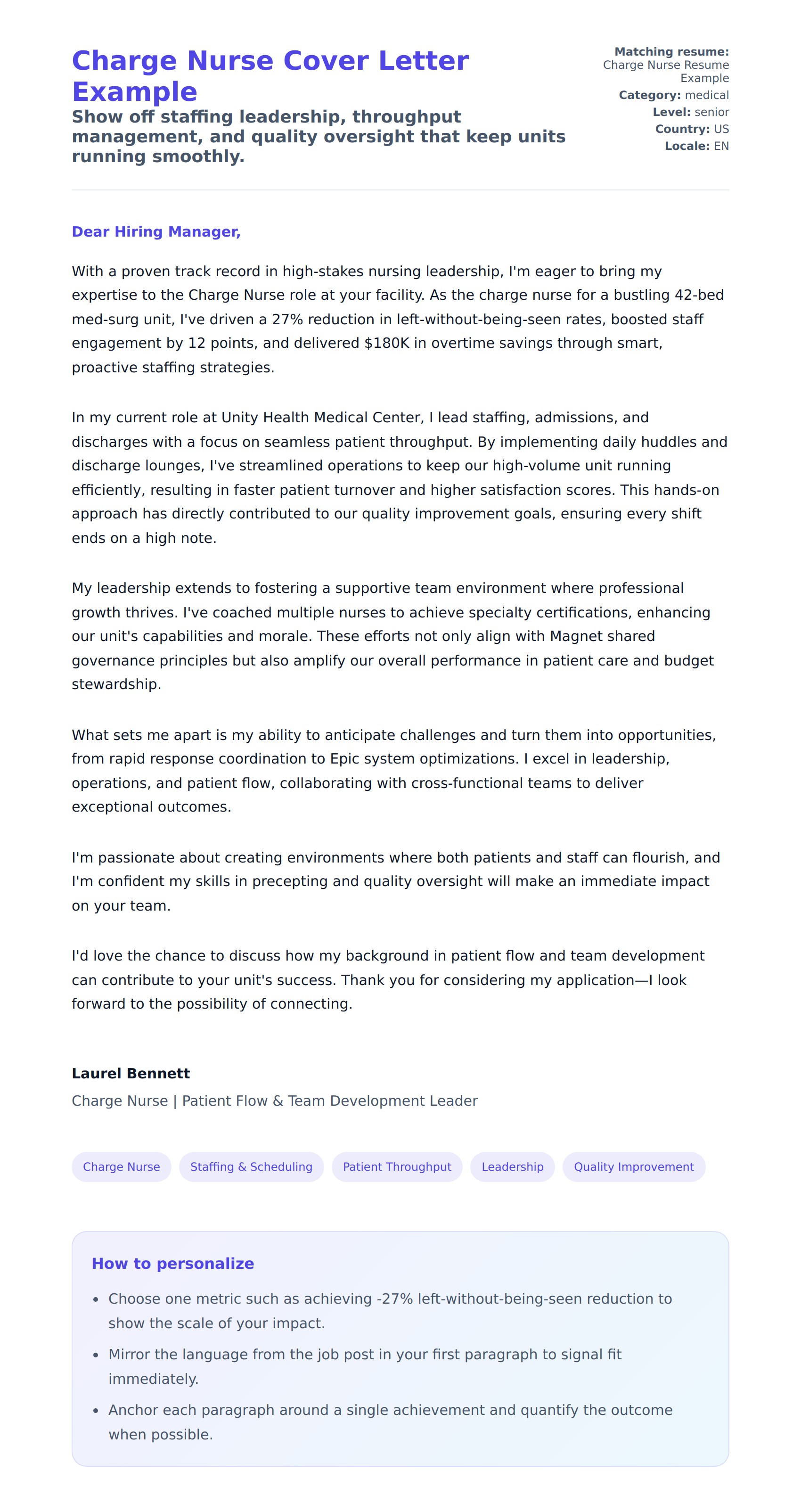 Cover Letter preview for Charge Nurse Cover Letter Example