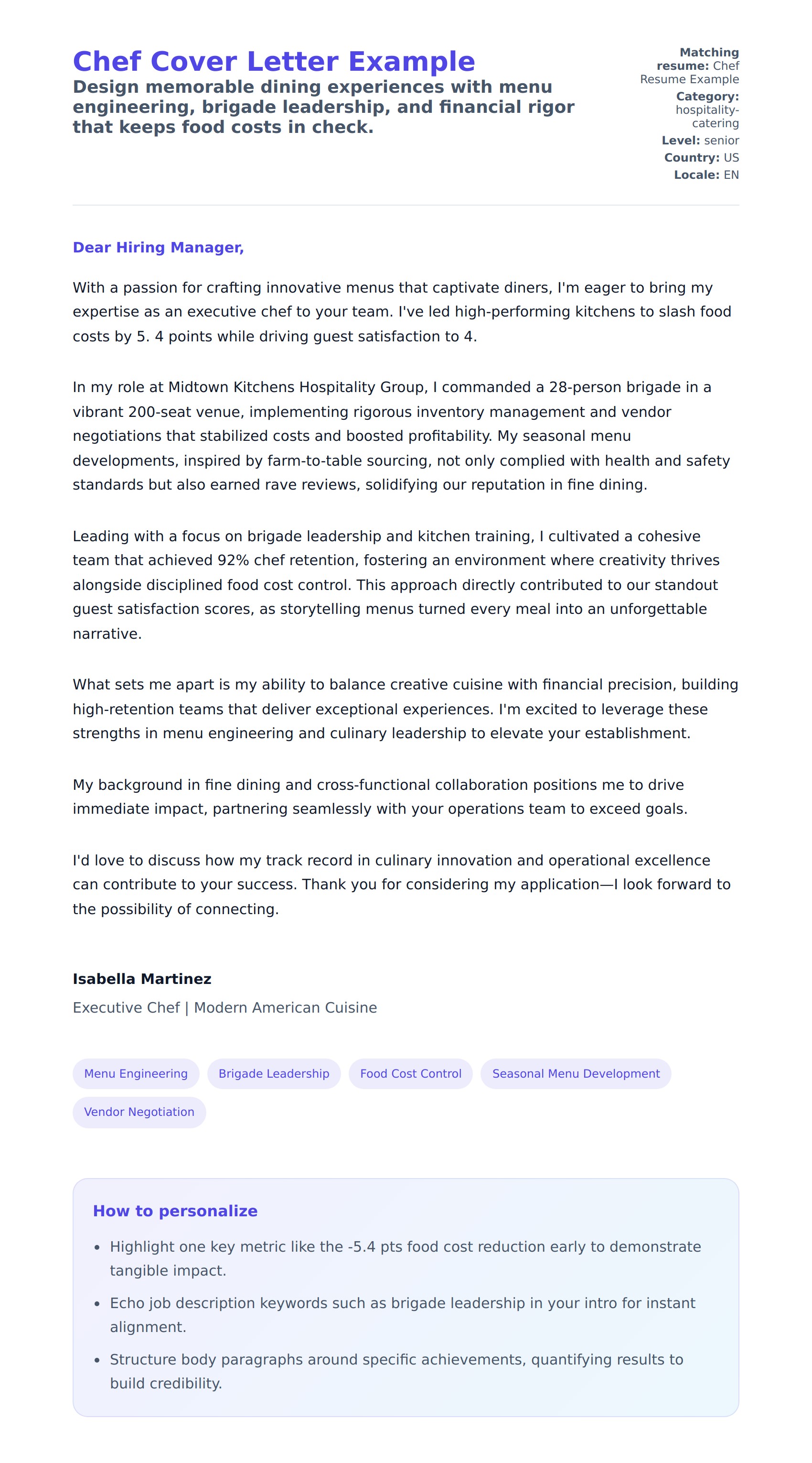 Cover Letter preview for Chef Cover Letter Example