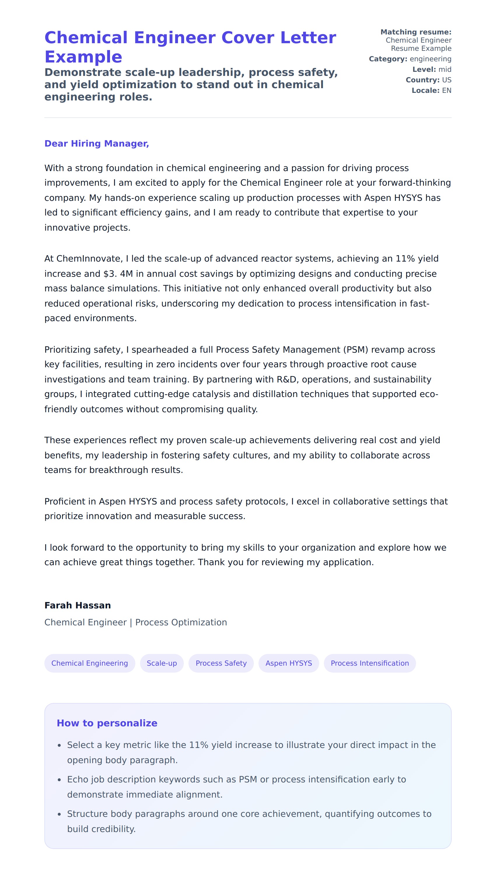 Cover Letter preview for Chemical Engineer Cover Letter Example