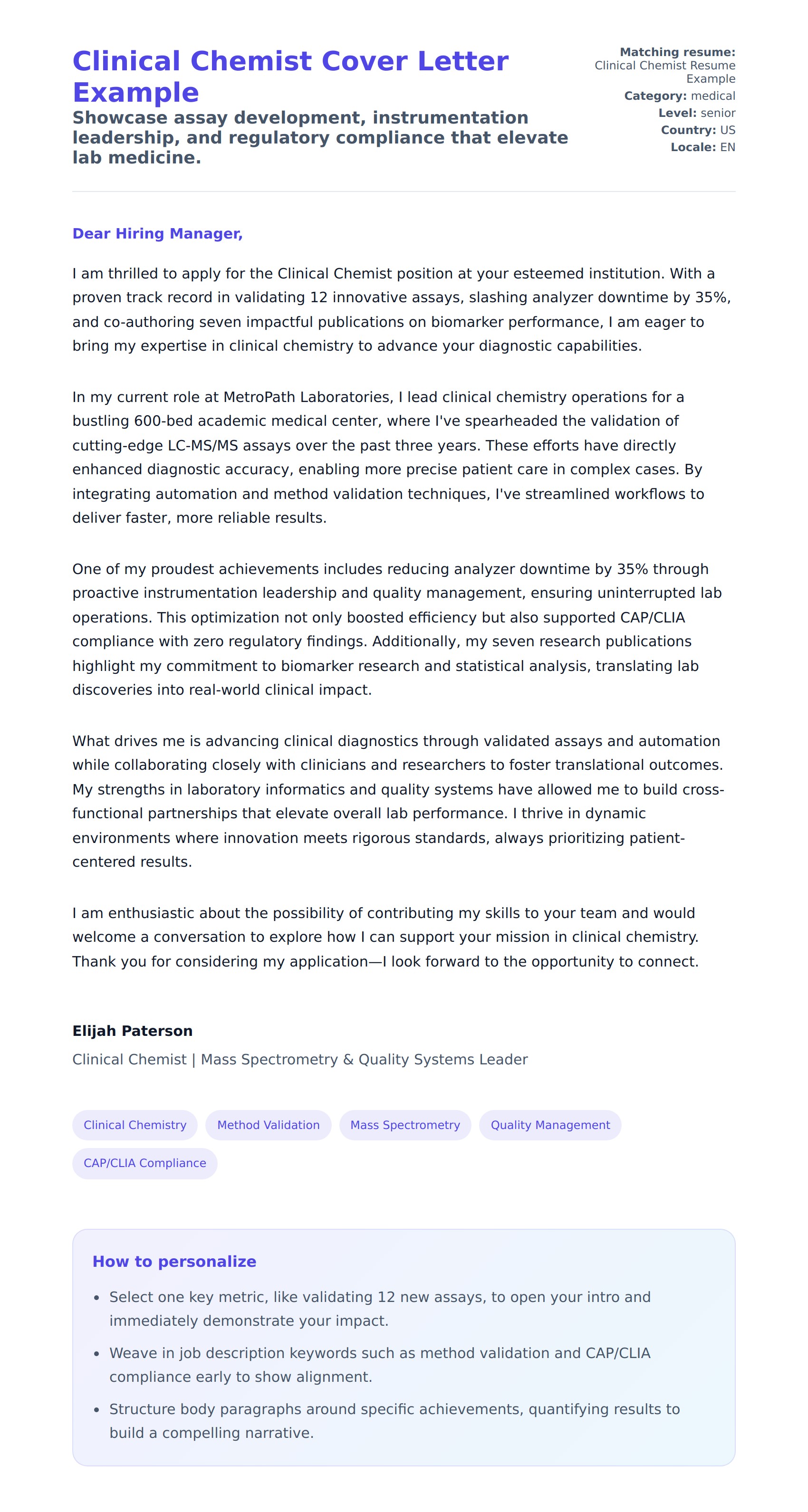 Cover Letter preview for Clinical Chemist Cover Letter Example