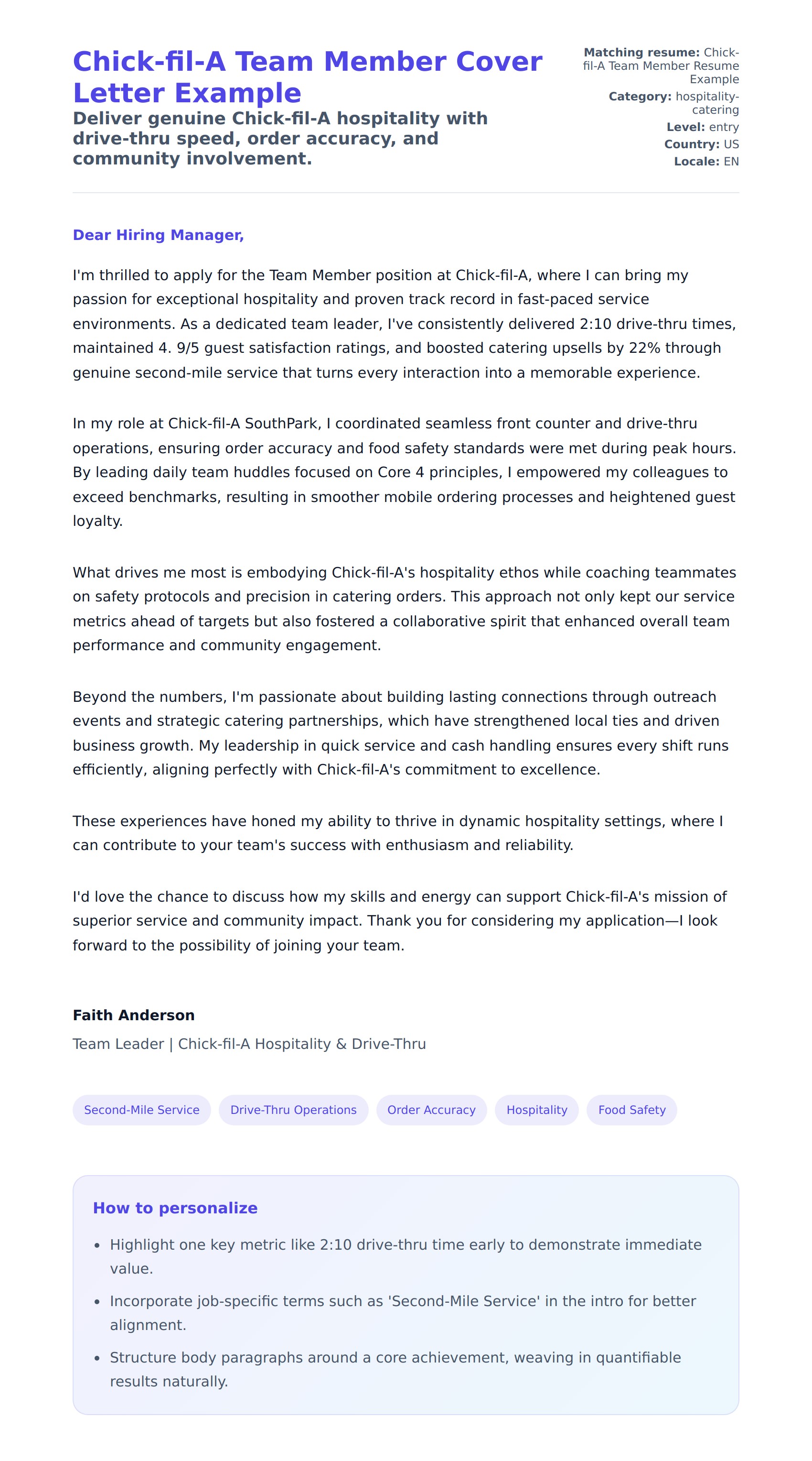 Cover Letter preview for Chick-fil-A Team Member Cover Letter Example