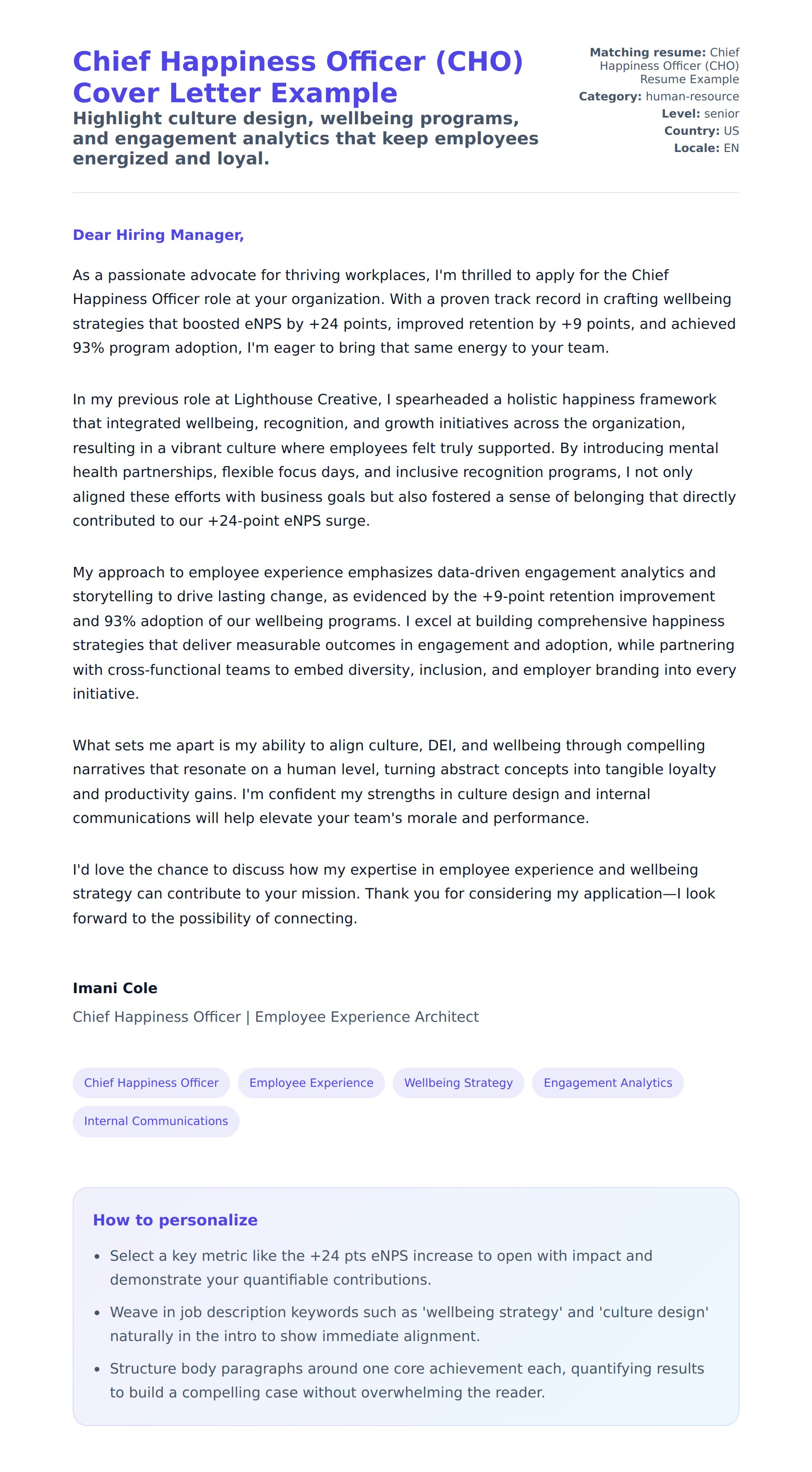 Cover Letter preview for Chief Happiness Officer (CHO) Cover Letter Example