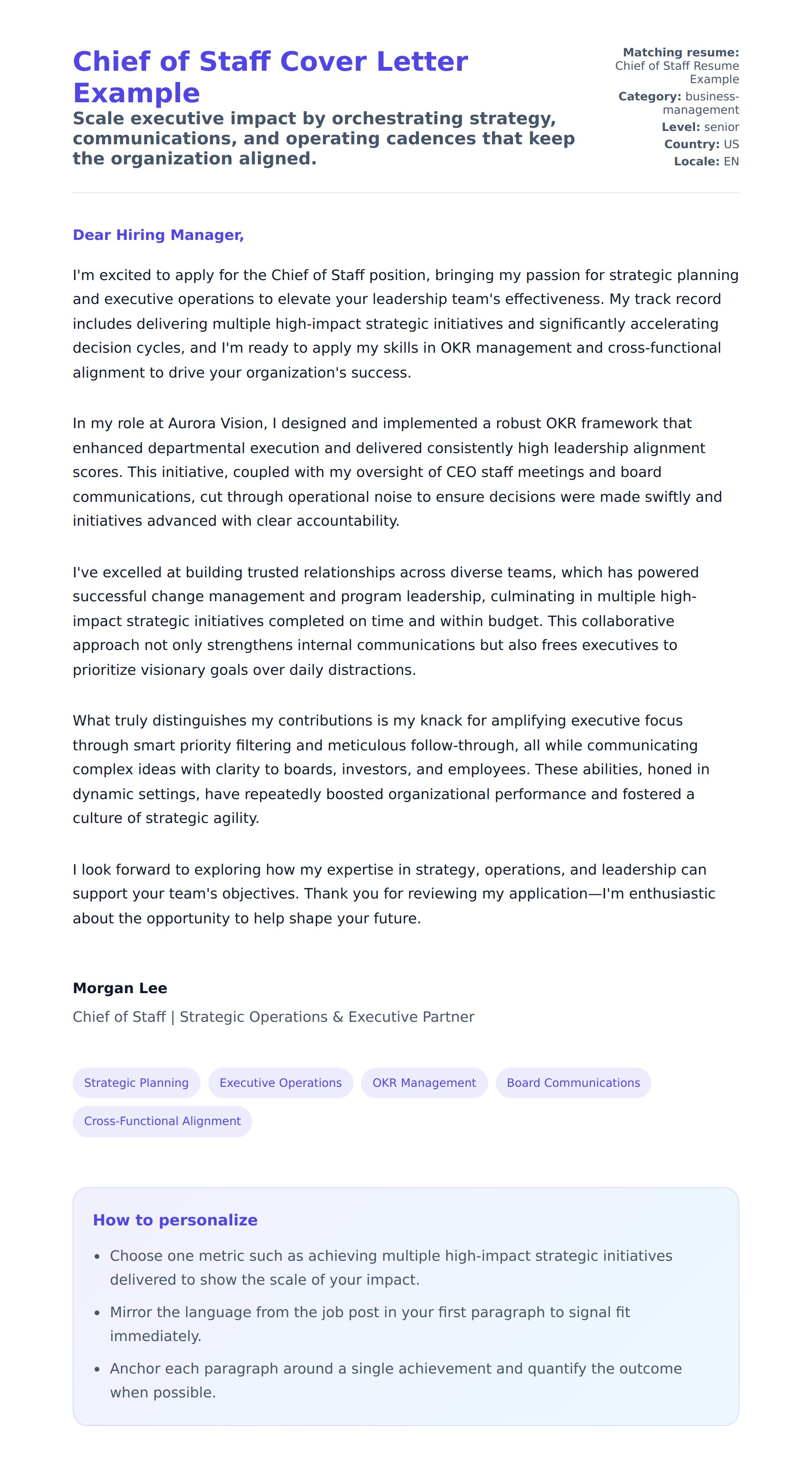 Cover Letter preview for Chief of Staff Cover Letter Example