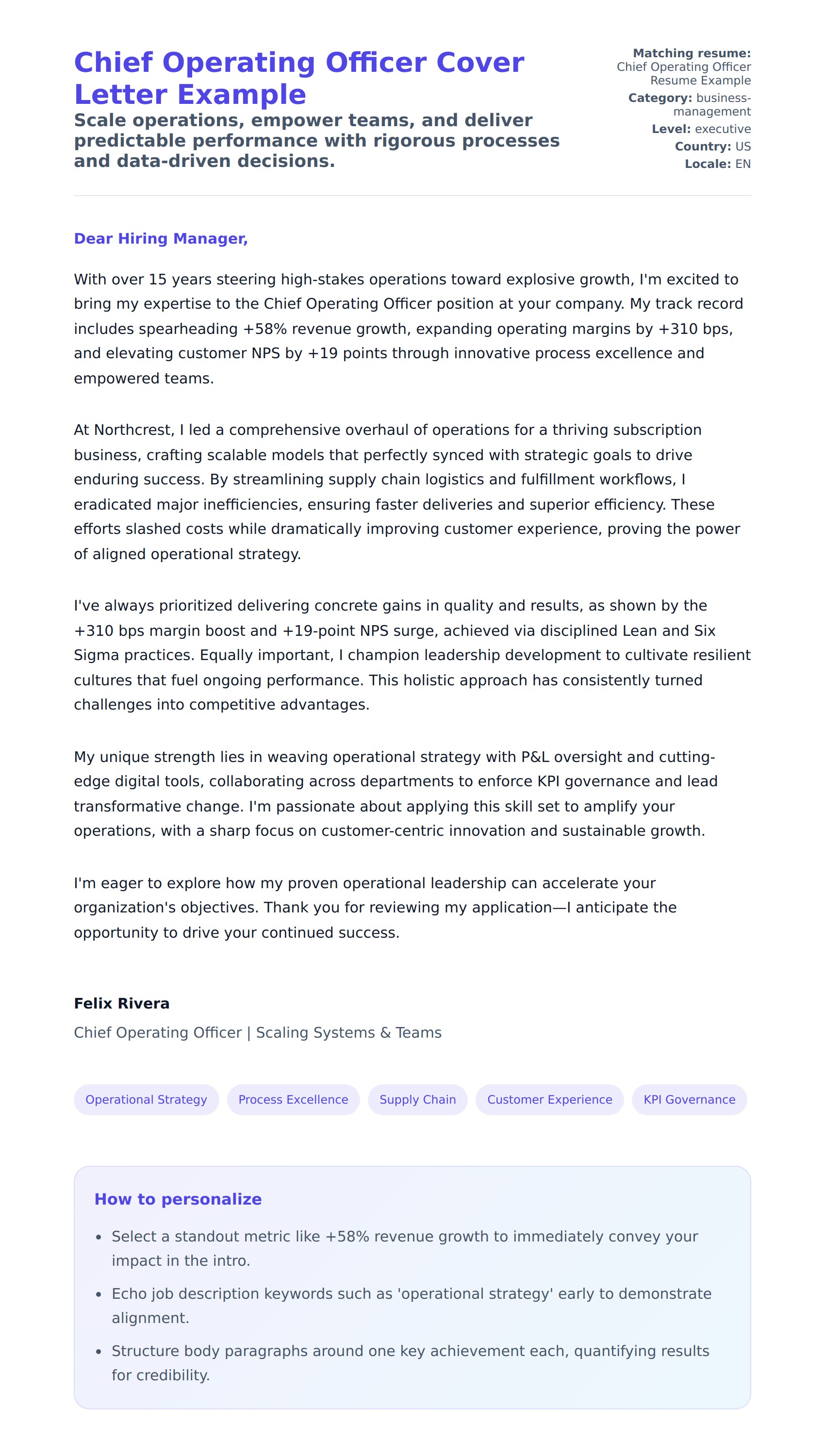 Cover Letter preview for Chief Operating Officer Cover Letter Example