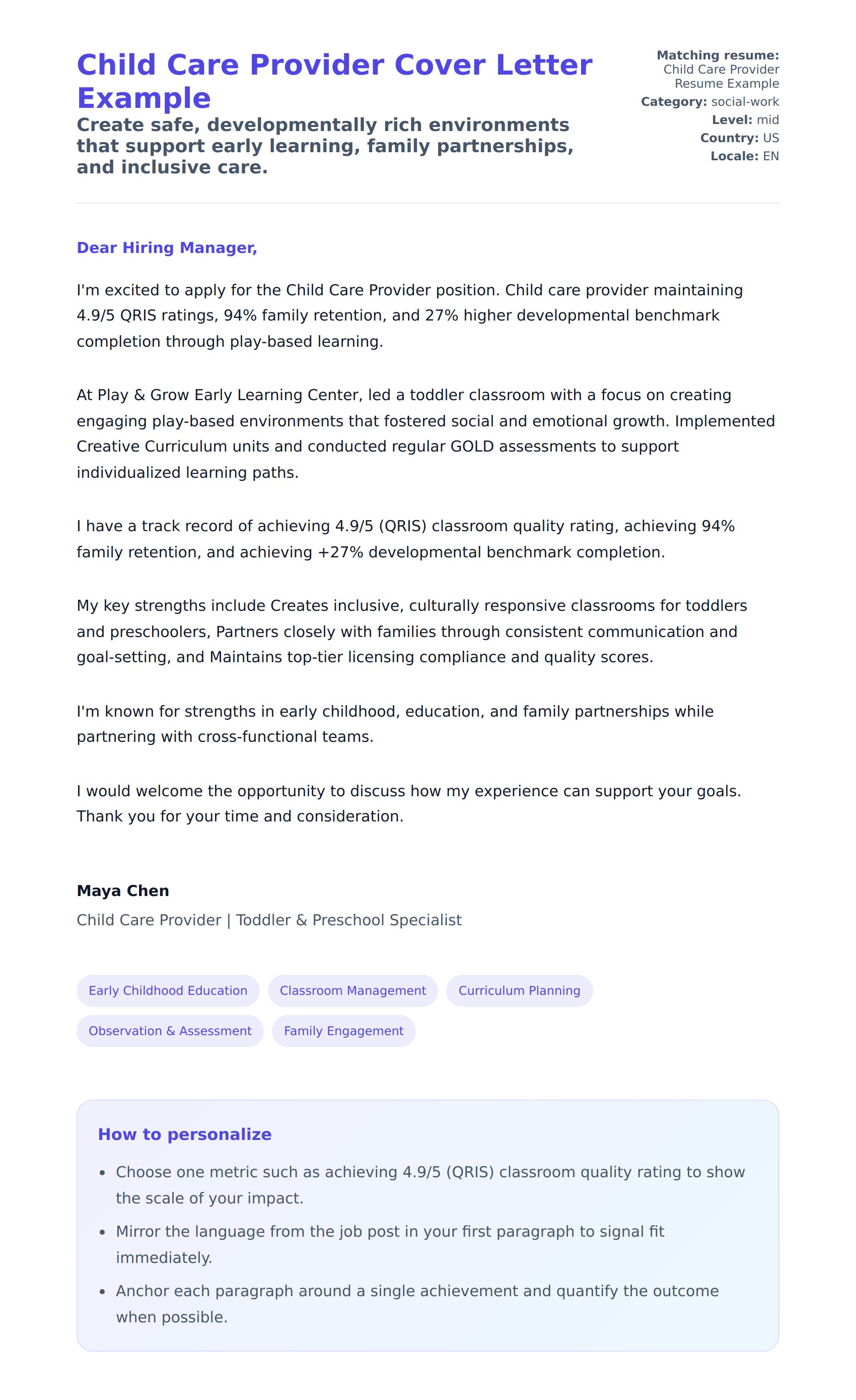 Cover Letter preview for Child Care Provider Cover Letter Example