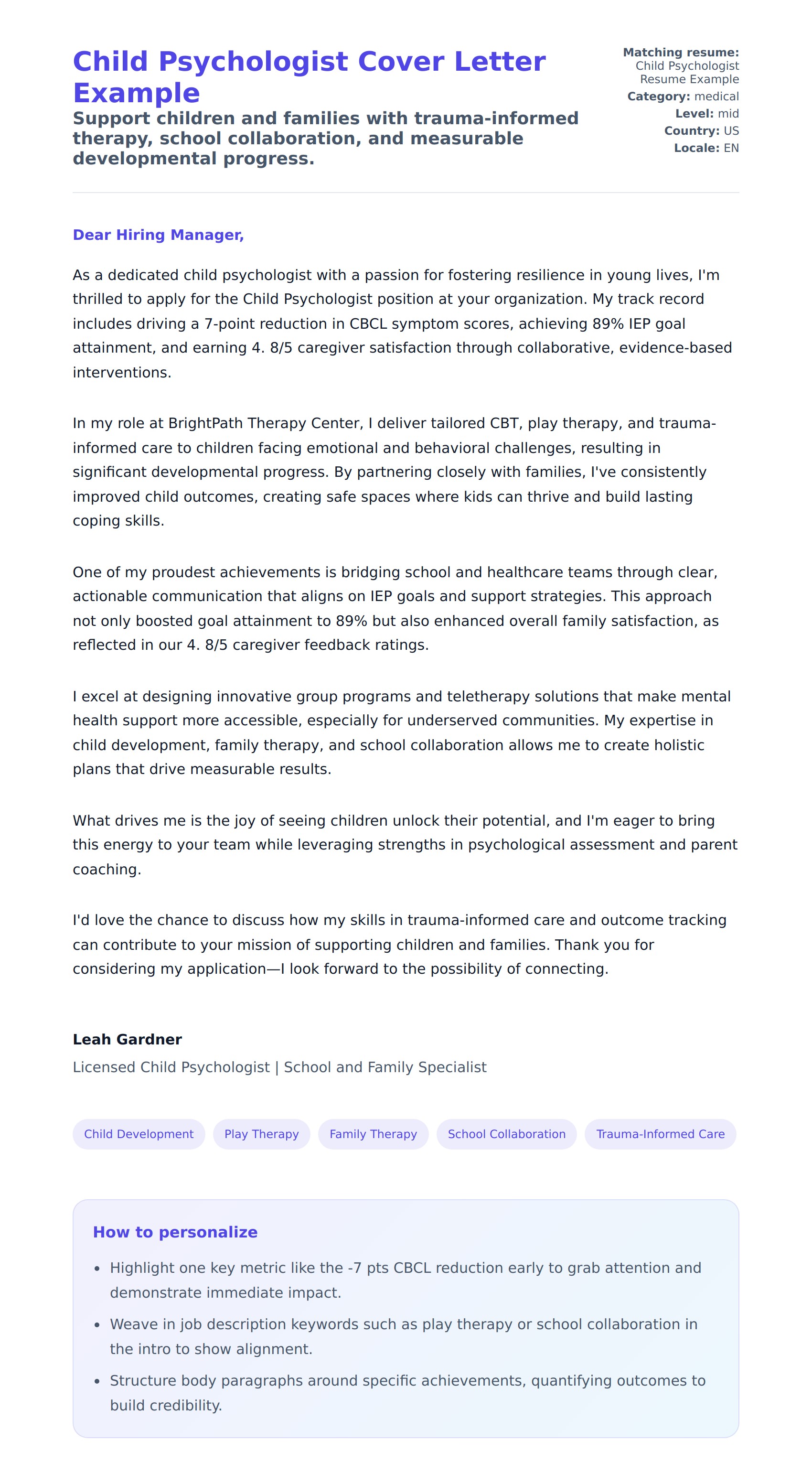 Cover Letter preview for Child Psychologist Cover Letter Example