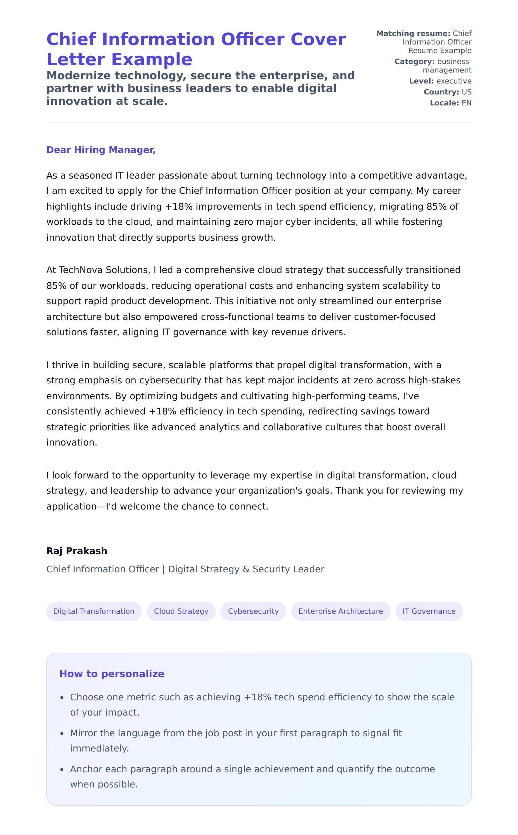 Cover Letter preview for Chief Information Officer Cover Letter Example