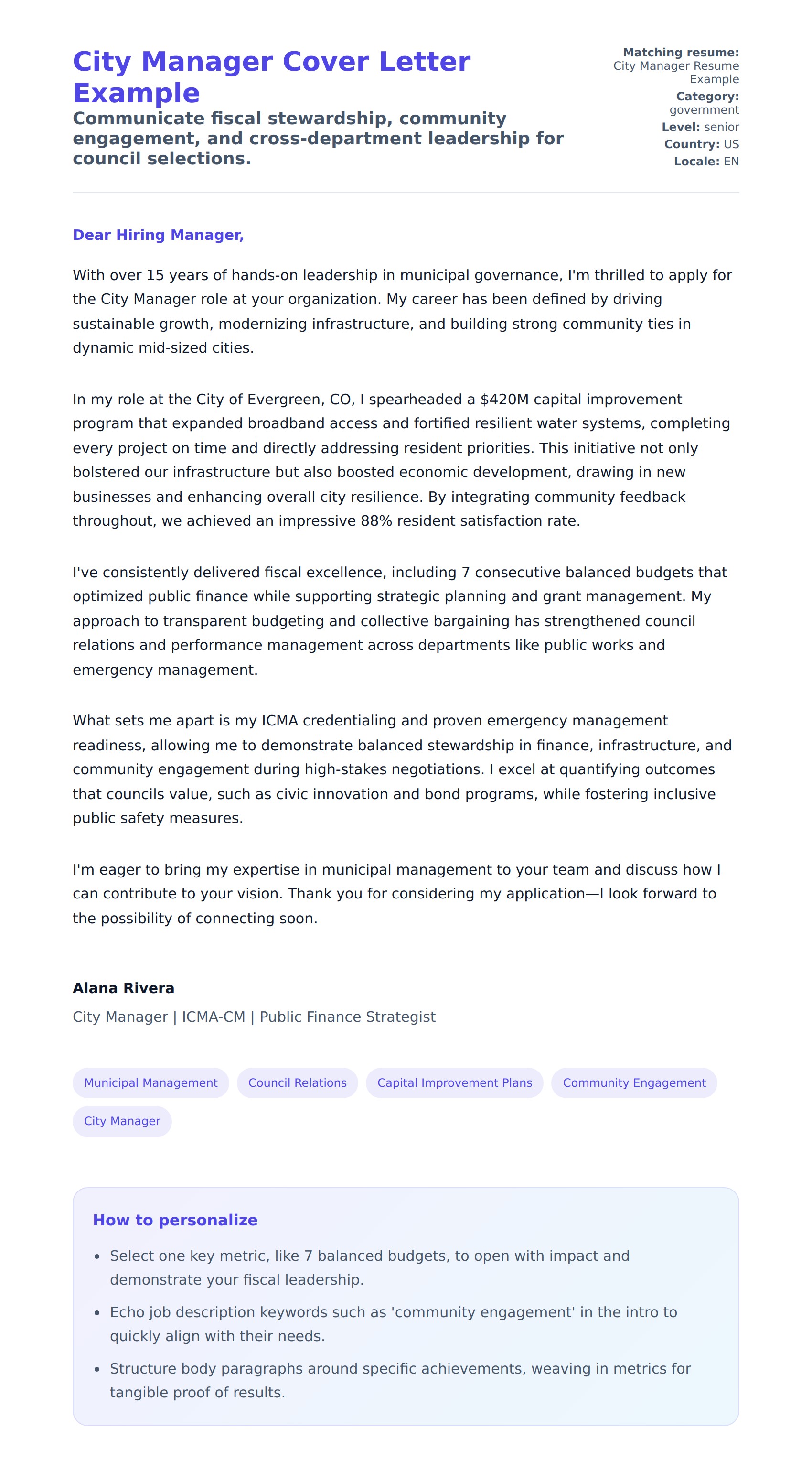 Cover Letter preview for City Manager Cover Letter Example