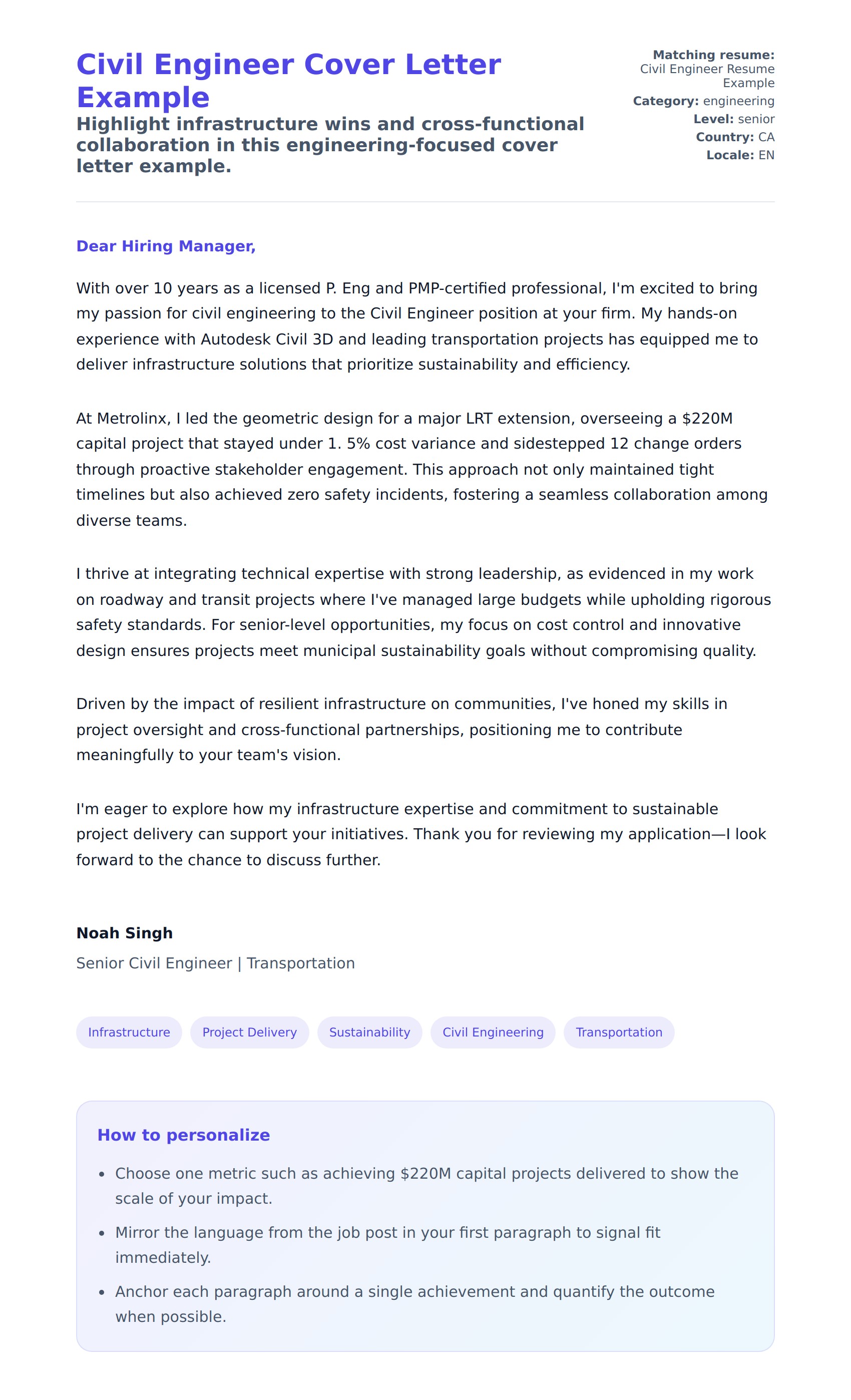 Cover Letter preview for Civil Engineer Cover Letter Example