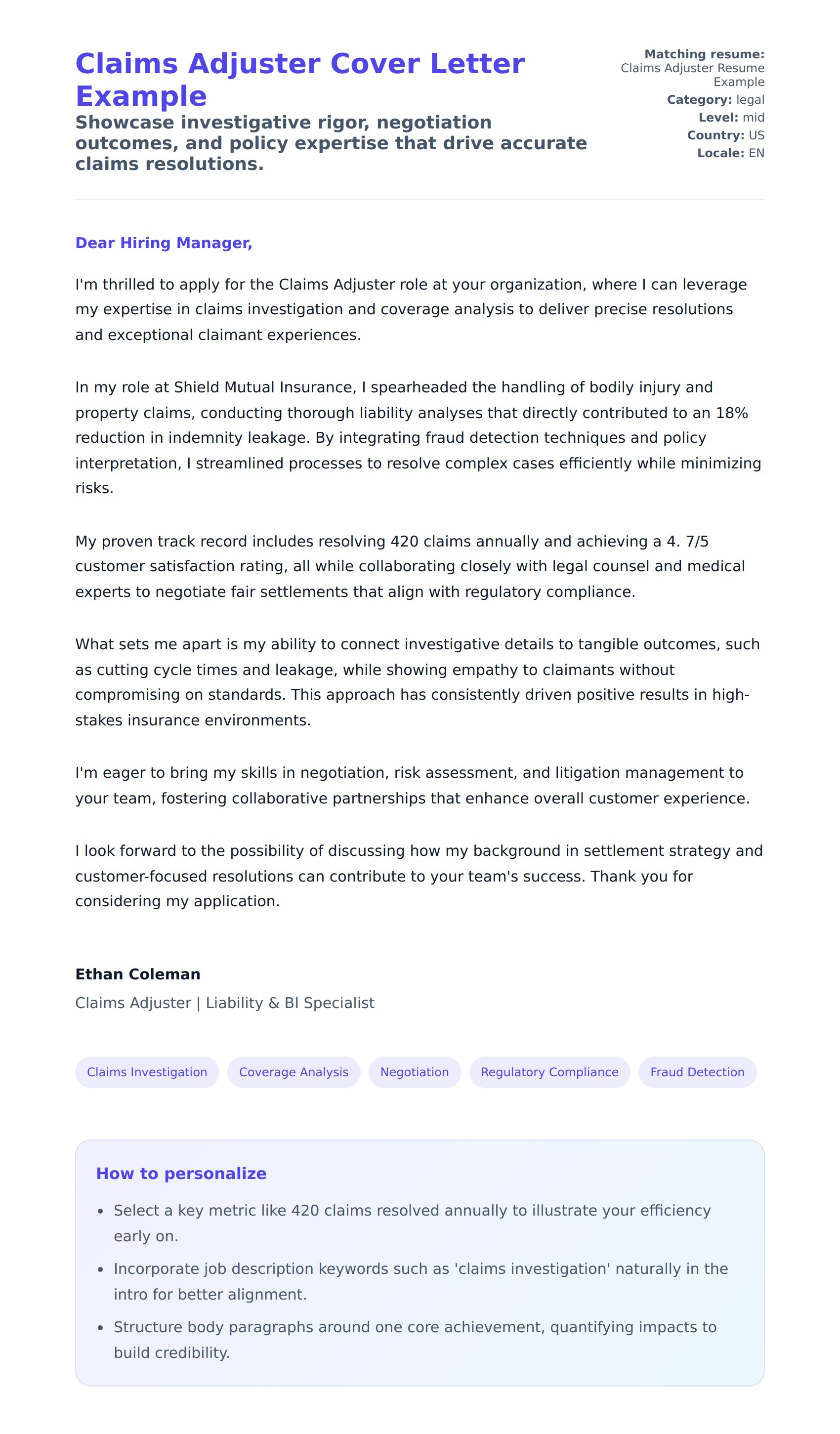 Cover Letter preview for Claims Adjuster Cover Letter Example