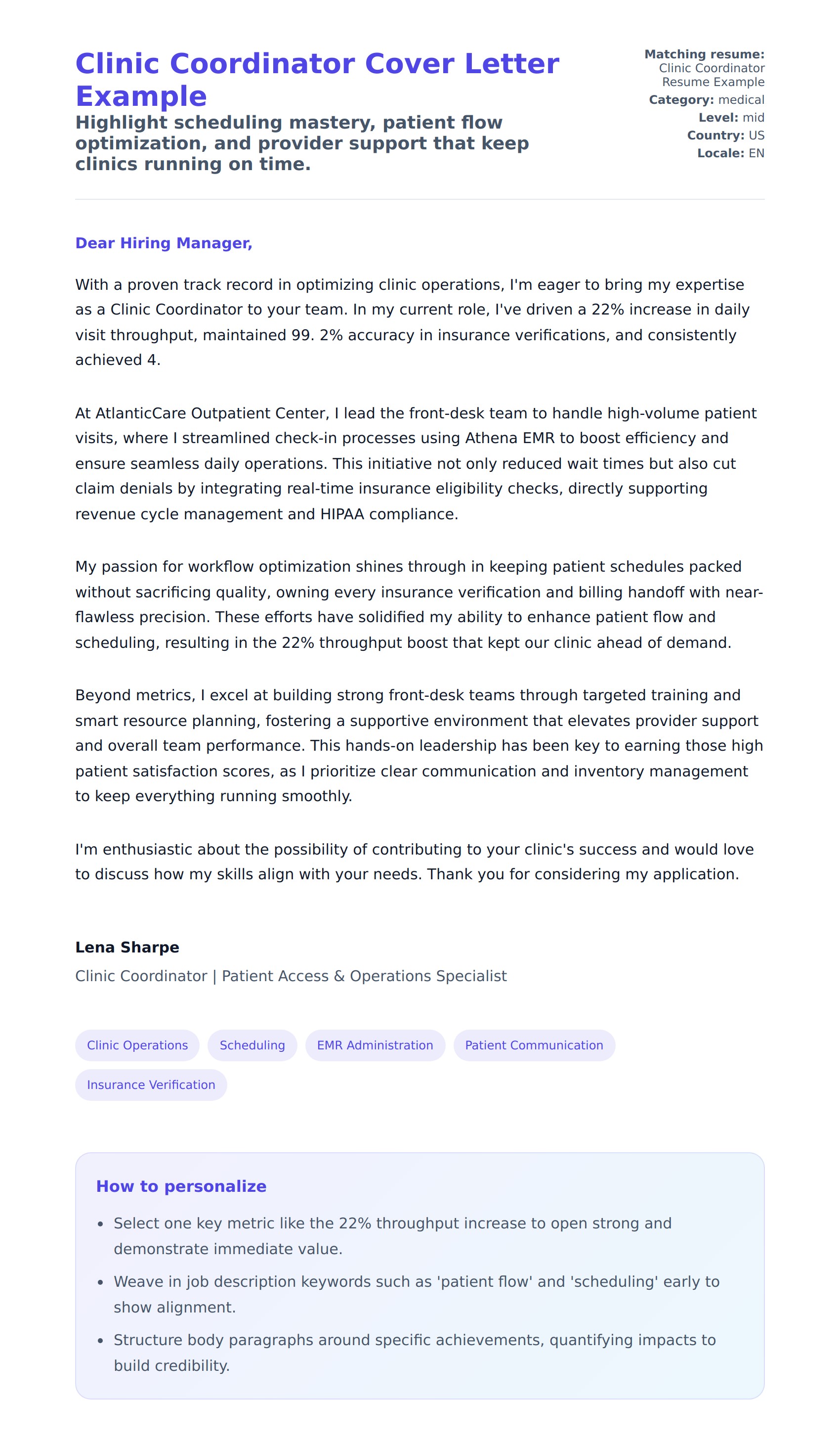 Cover Letter preview for Clinic Coordinator Cover Letter Example
