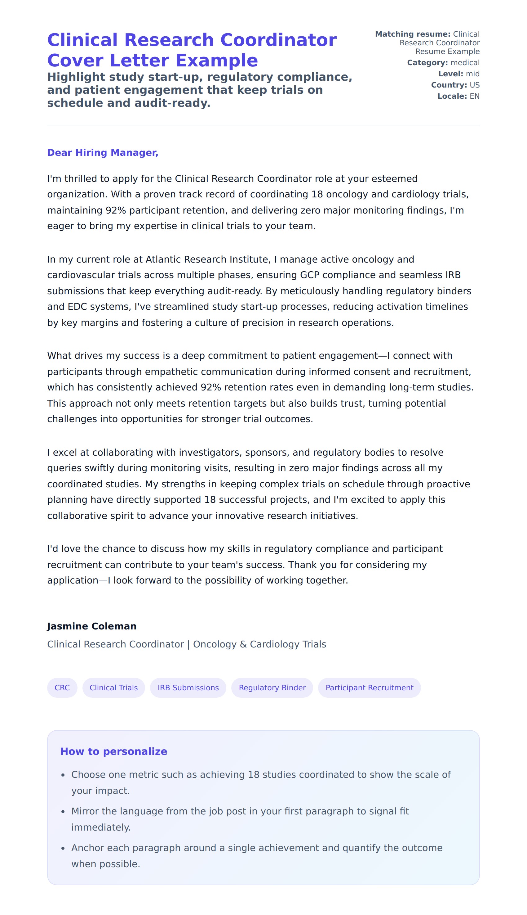 Cover Letter preview for Clinical Research Coordinator Cover Letter Example