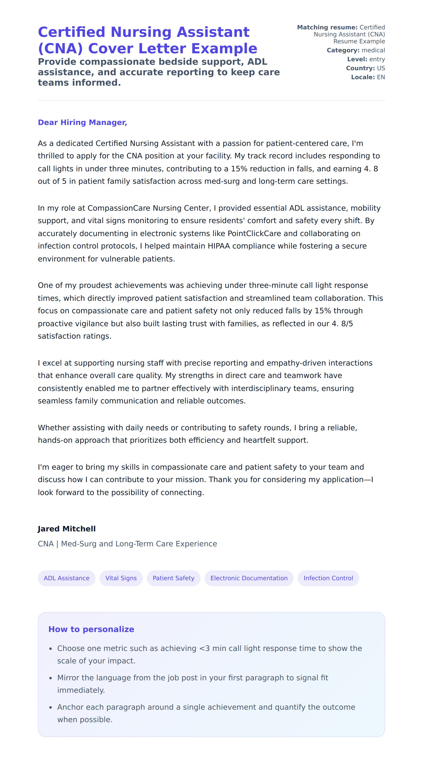 Cover Letter preview for Certified Nursing Assistant (CNA) Cover Letter Example